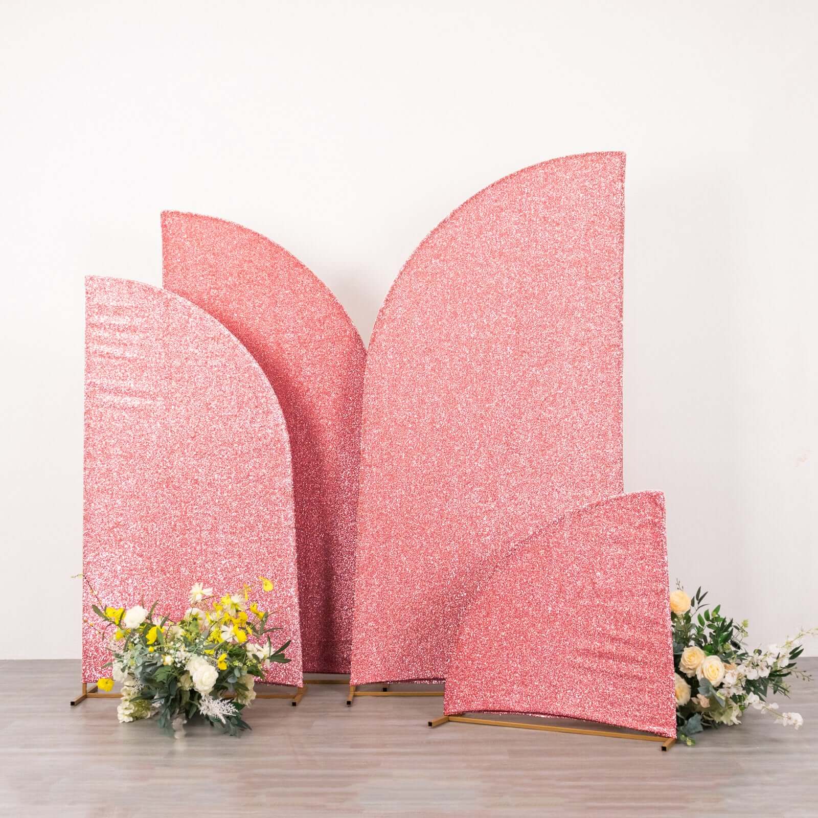 4-Piece Rose Gold Chiara Wedding Arch Covers in Shimmer Tinsel, for 2.5ft - 7ft Half Moon Stands