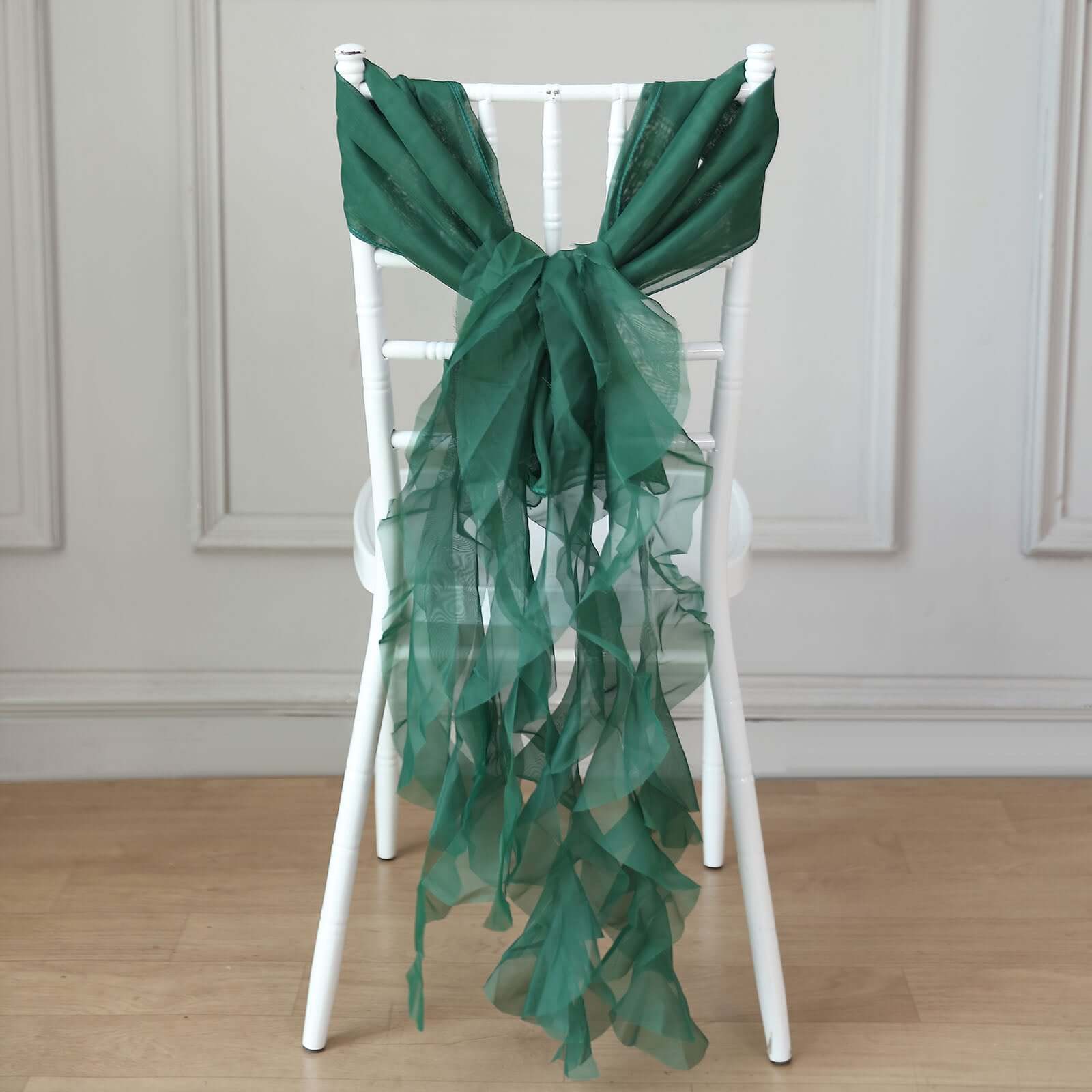 Hunter Emerald Green Chiffon Chair Sashes Set with Willow Ruffles - Elegant Party Decor
