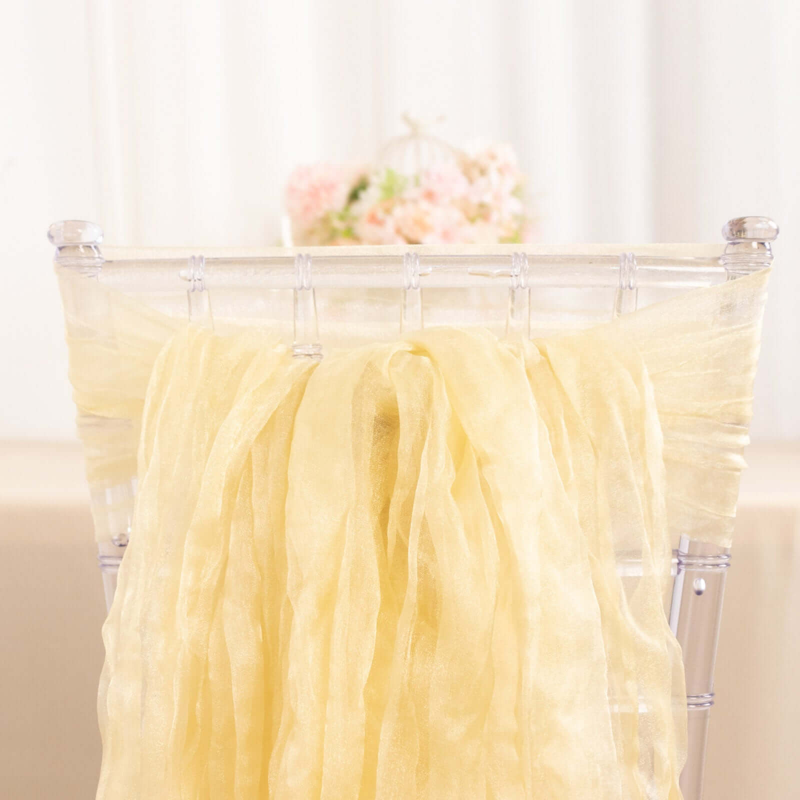 5-Pack Champagne Crinkled Organza Chair Sashes with Shimmer Chiffon Layers - Elegant Sheer Decor