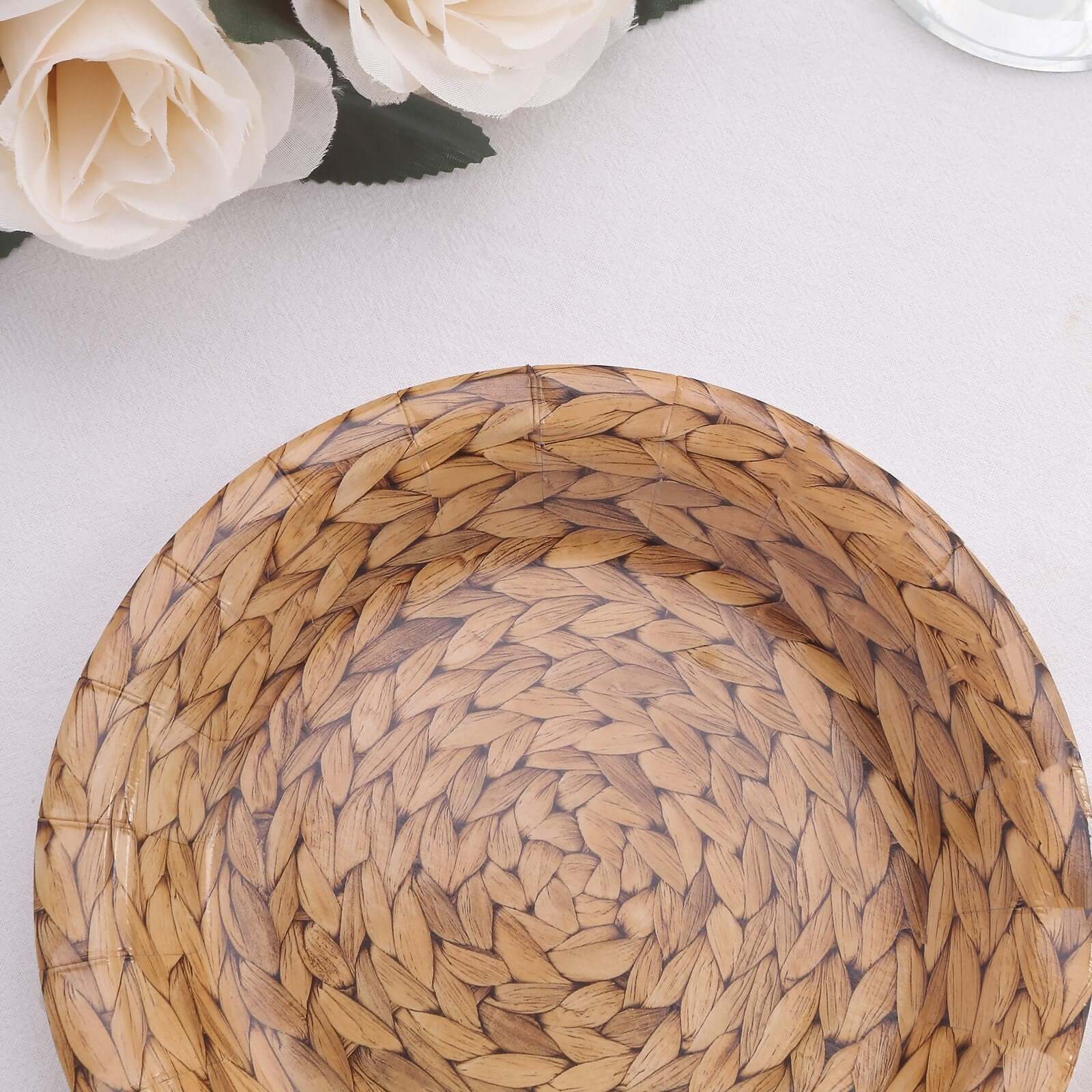 25-Pack 7" Natural Round Paper Dessert Plates with Woven Rattan Print - Premium Disposable Plates for Indoor/Outdoor Events