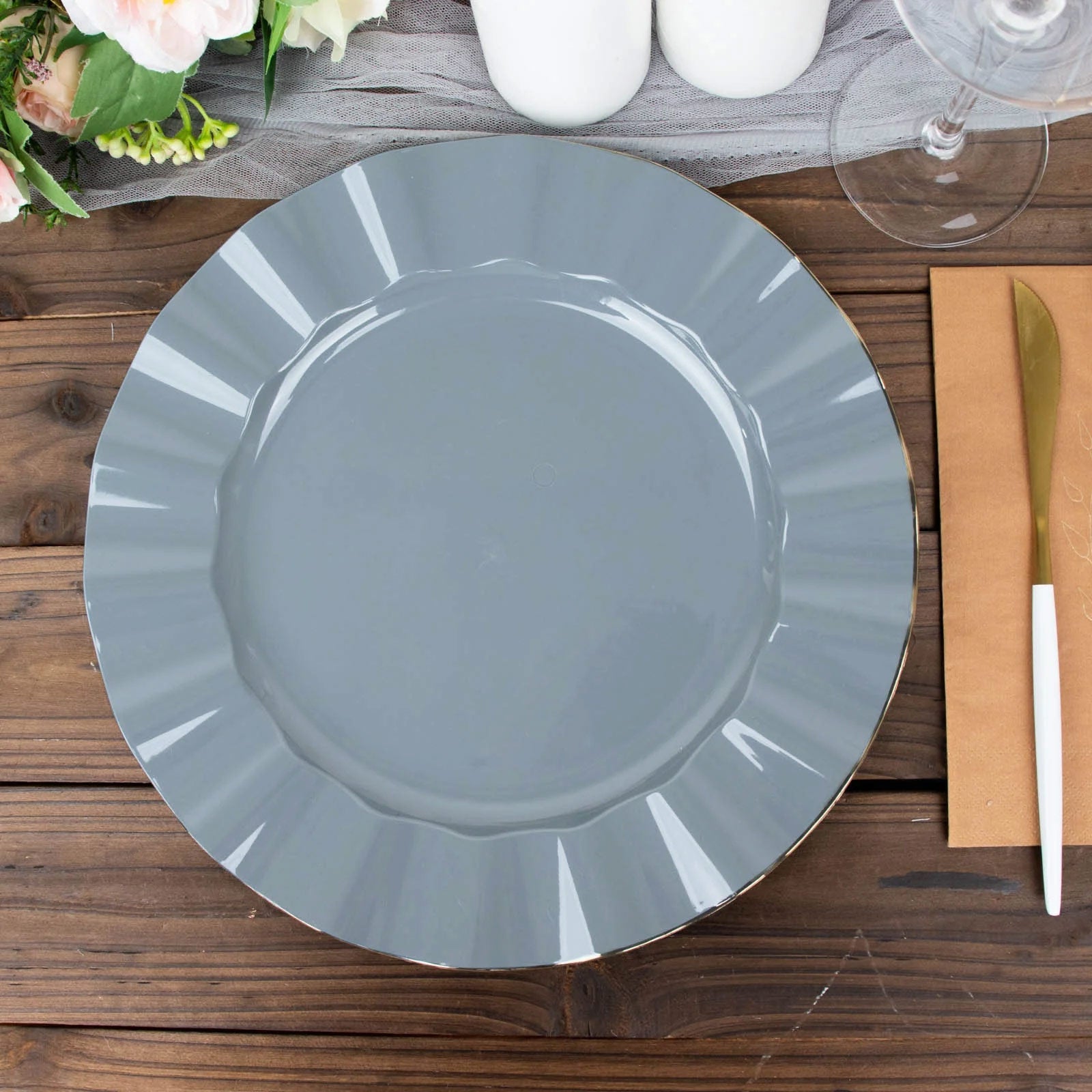 10-Pack Sturdy Disposable 11" Round Dusty Blue Dinner Plates with Gold Ruffled Edging