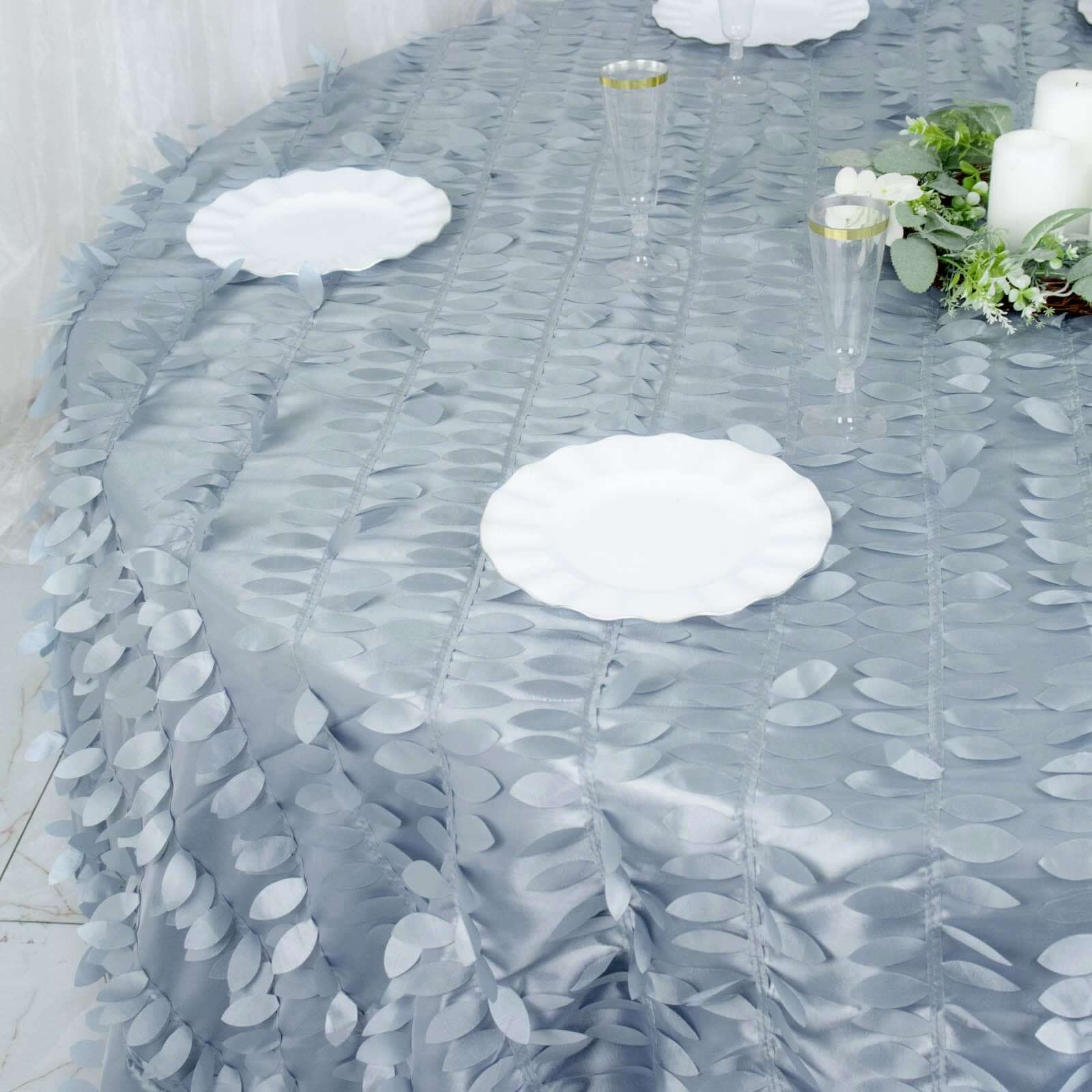 Exclusive Dusty Blue Taffeta 132' Round Tablecloth with 3D Leaf Petal Design