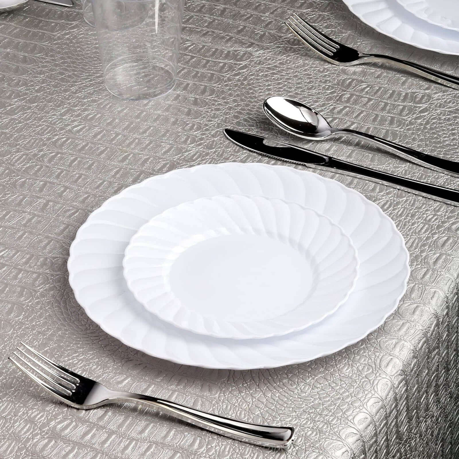 12-Piece Set of Durable Disposable Glossy White Swirl Rim Plastic Dinner Plates, 10 Inches