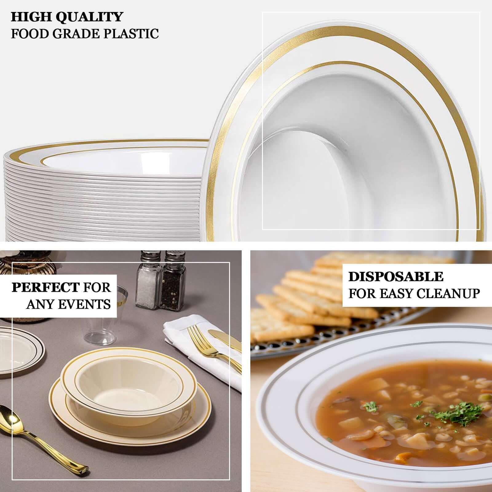 Hot Deal! 10-Pack of 12oz Disposable Plastic Soup Bowls with Elegant Gold Rim, White Color for Parties