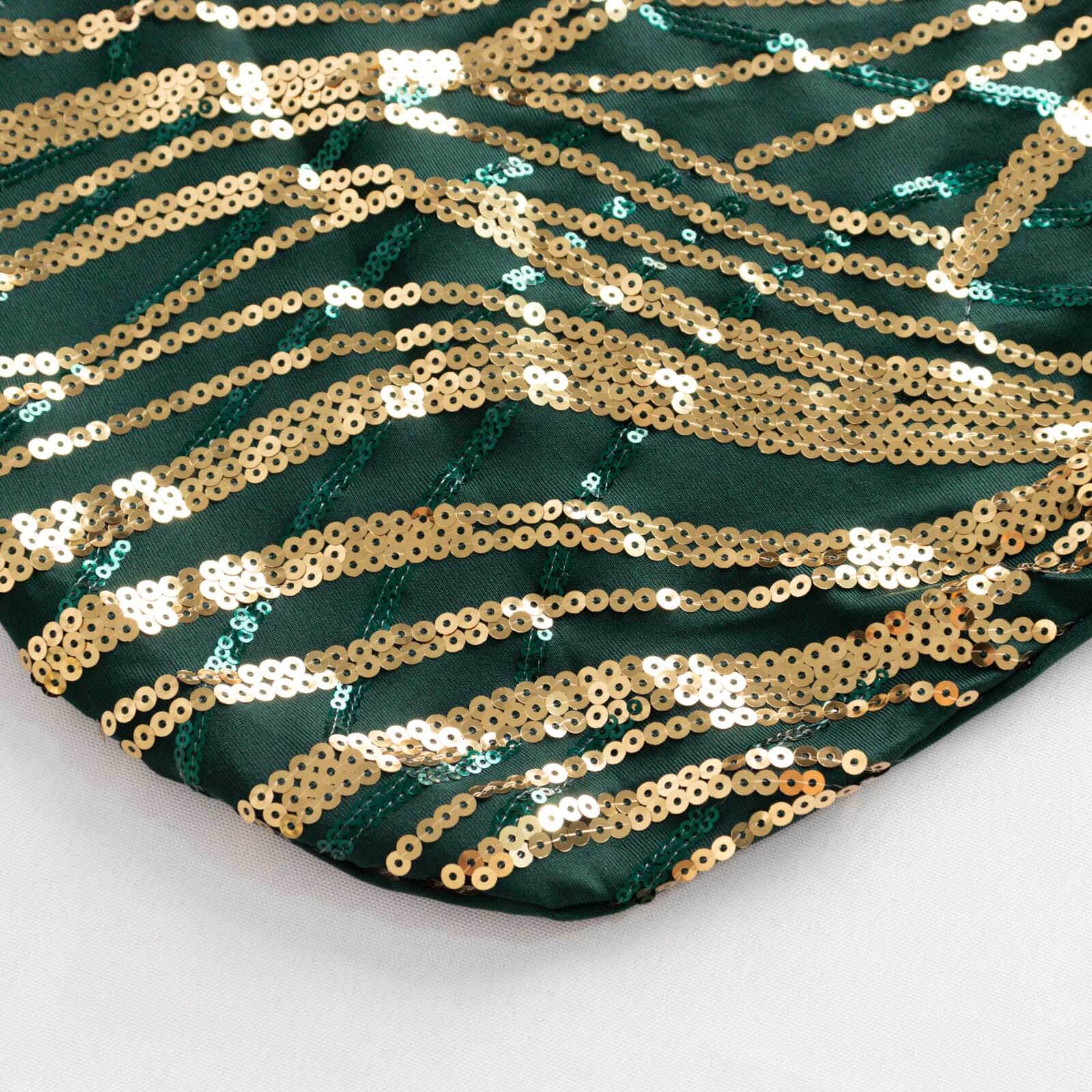 Sparkling Hunter Emerald Green/Gold Spandex Banquet Chair Covers with Wave Embroidered Sequins - Stretch Fitted Slipcovers