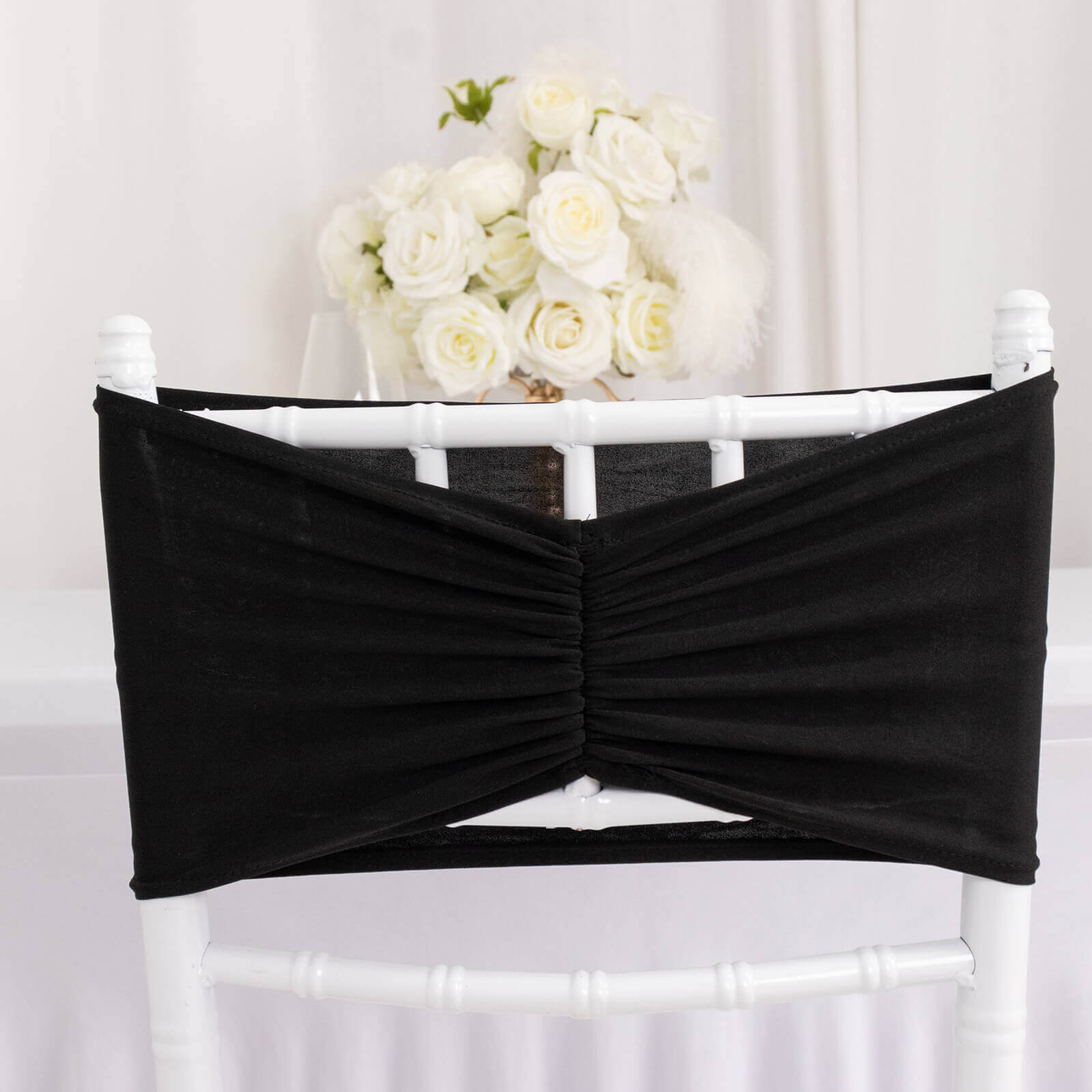 5-Pack Black Ruffled Spandex Chair Sashes - Wide, Stretchable and Easy-to-Use Decor Bands