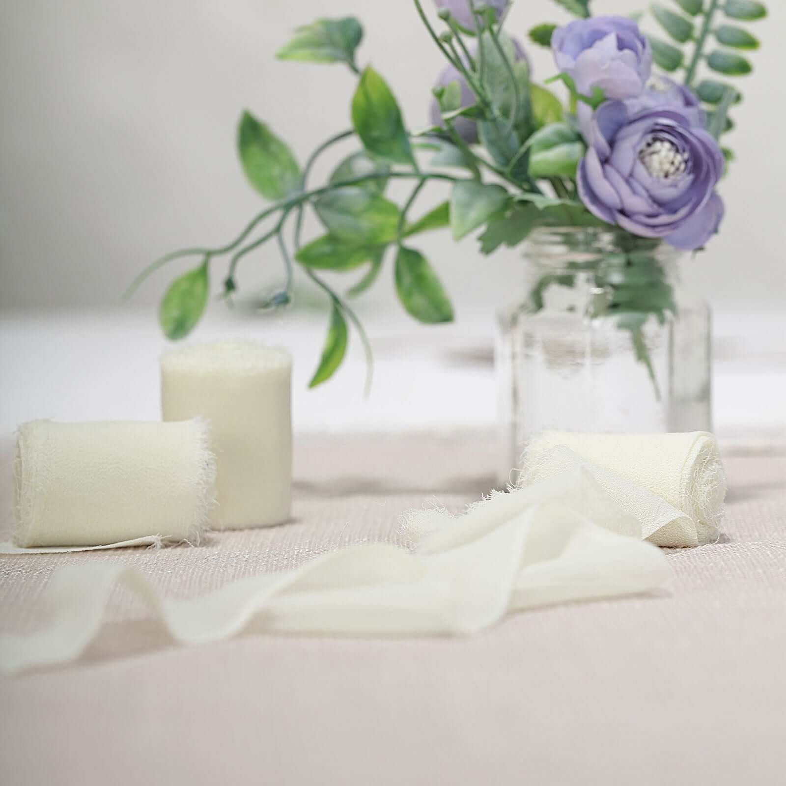 2-Pack Special Offer! 6-Yard Ivory Silk-Like Chiffon Linen Ribbon Rolls for Bouquets, Gifts, and Weddings