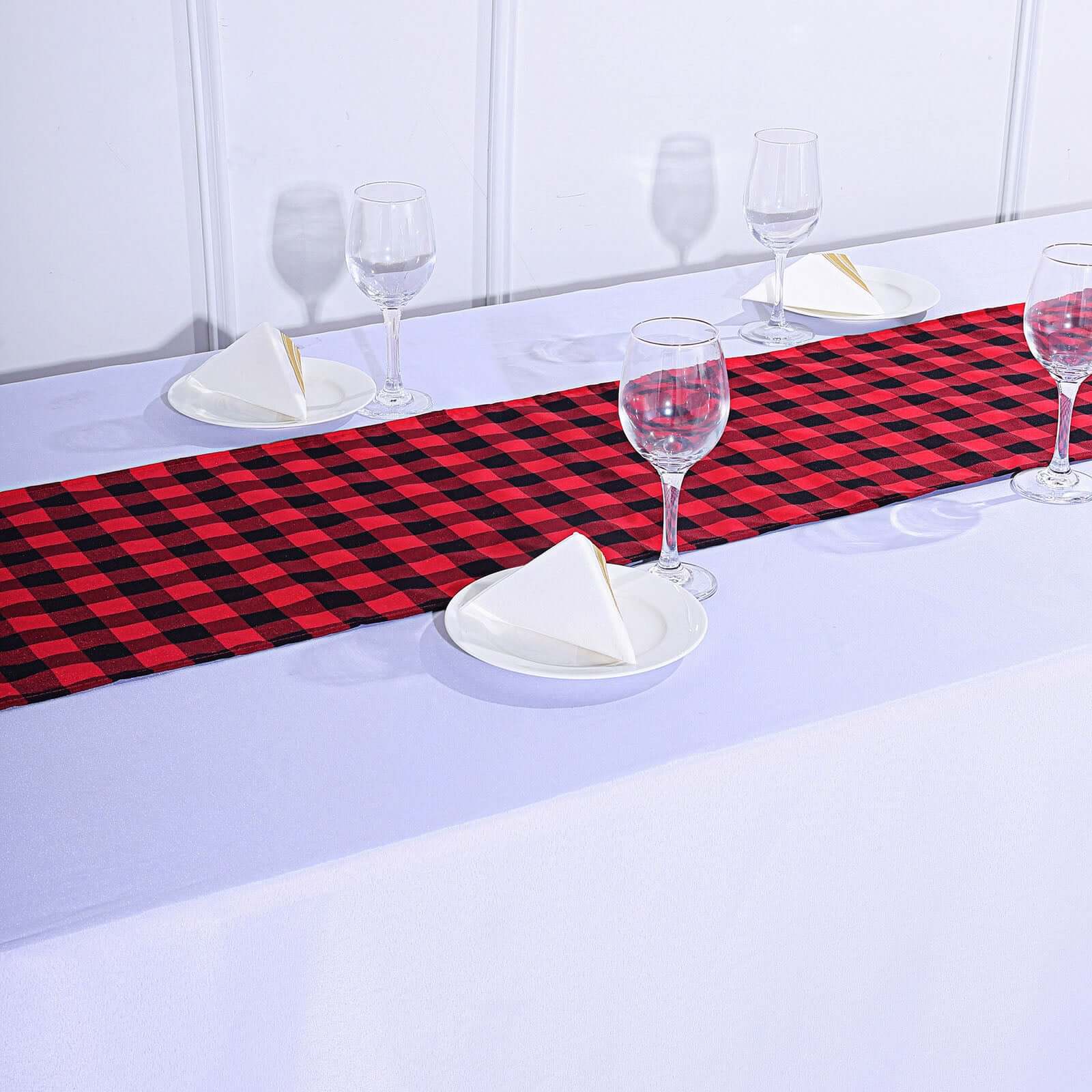 Hot Sale! 14x108 Black and Red Checkered Polyester Outdoor Table Runner with Buffalo Plaid Pattern
