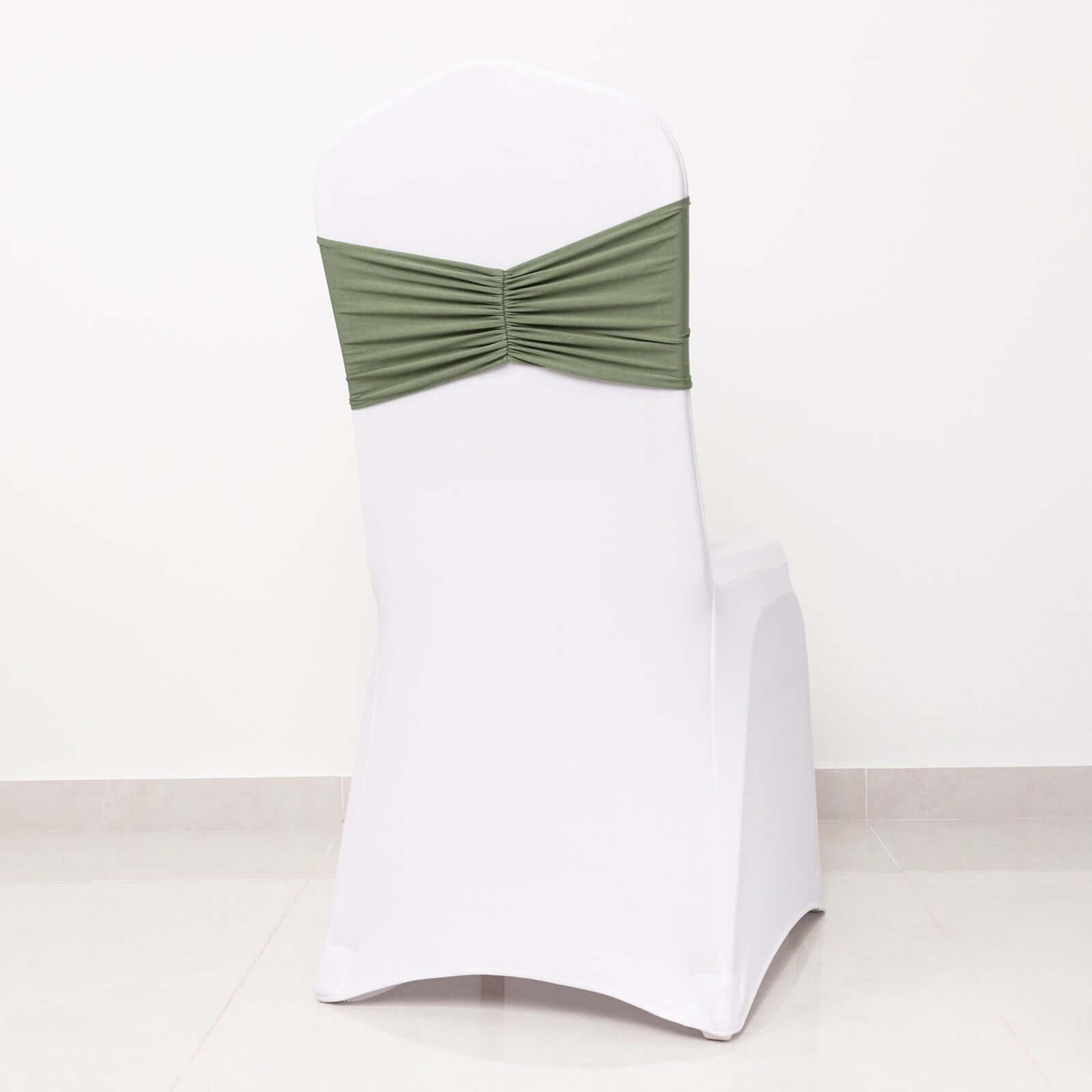 5-Piece Set of Dusty Sage Green Ruffled Spandex Chair Sashes - Wide Stretch Bands, Easy to Use
