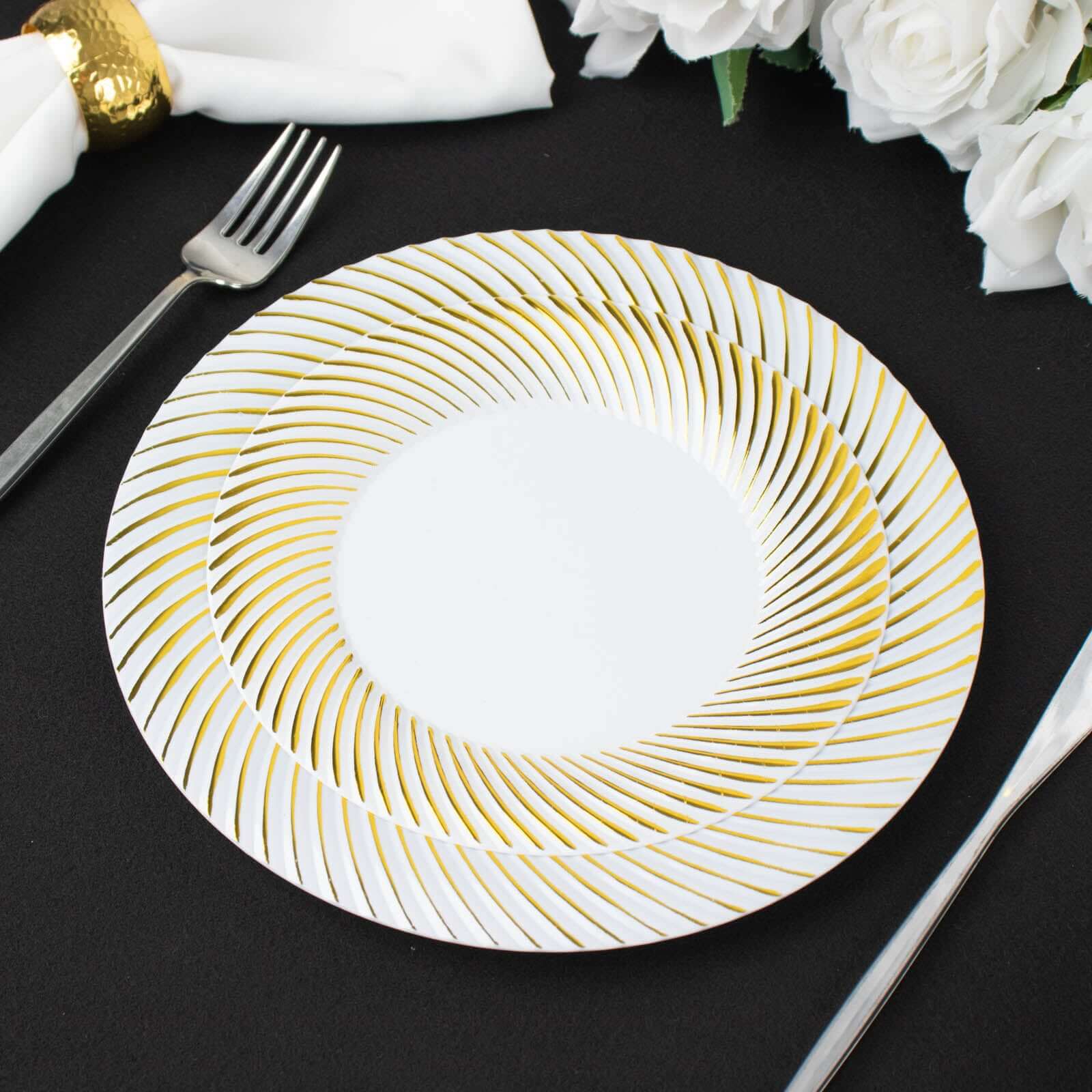 10-Pack Disposable White Dinner Plates with Gold Swirl Rim - Ideal for Parties