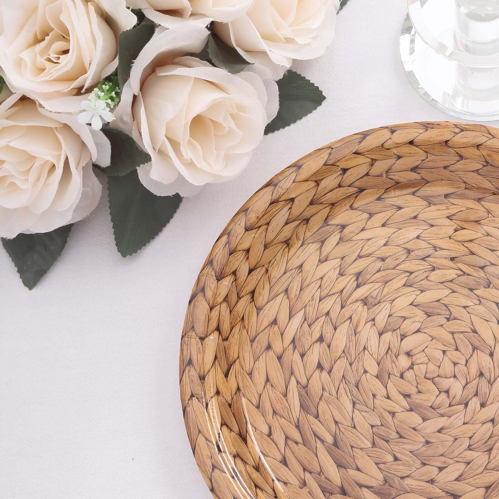 25-Pack Disposable 9-Inch Round Natural Paper Dinner Plates with Woven Rattan Print - Ideal for Rustic Farmhouse Parties