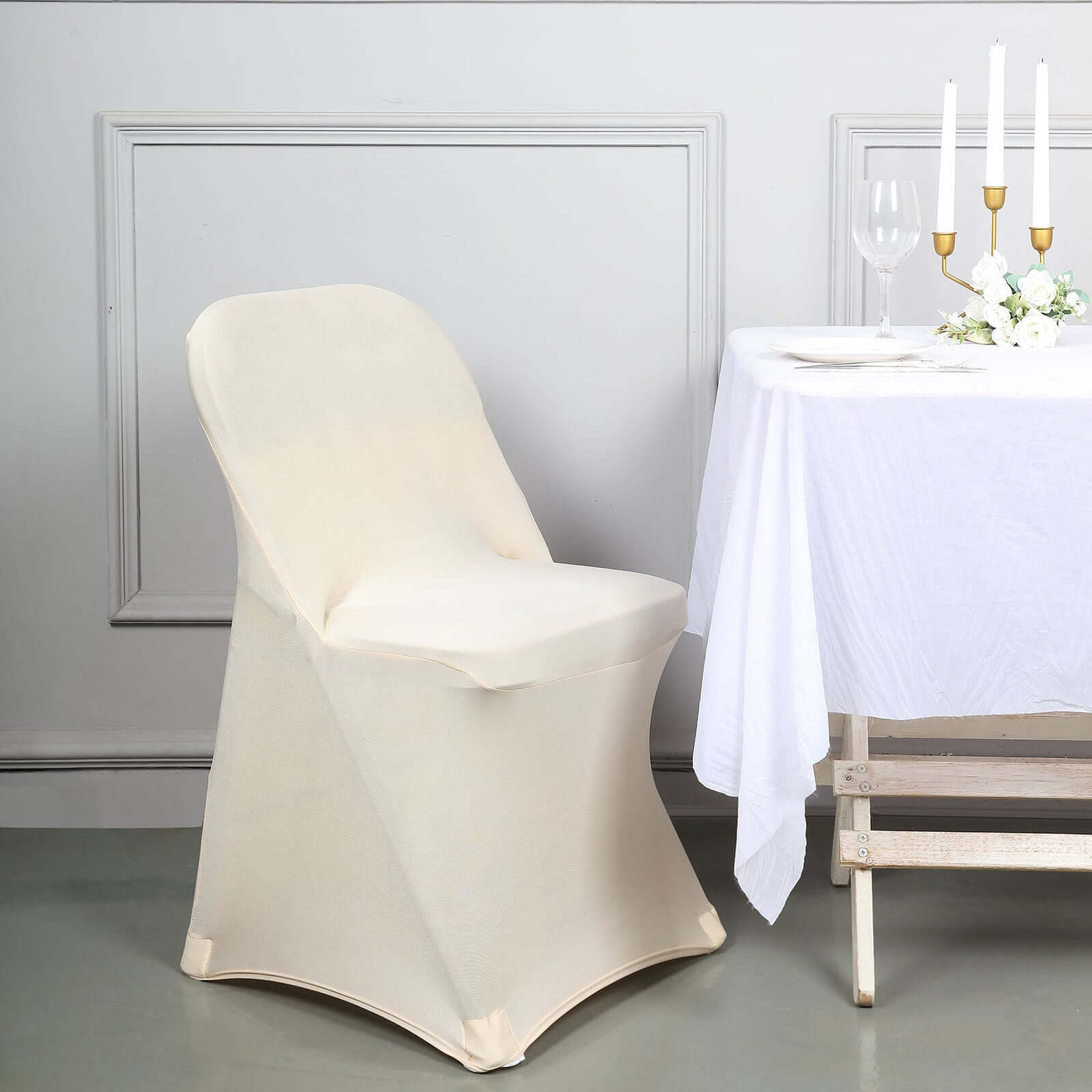 Premium Reusable Beige Spandex Stretch Slipcover for Folding Chairs - 160GSM Wrinkle-Resistant