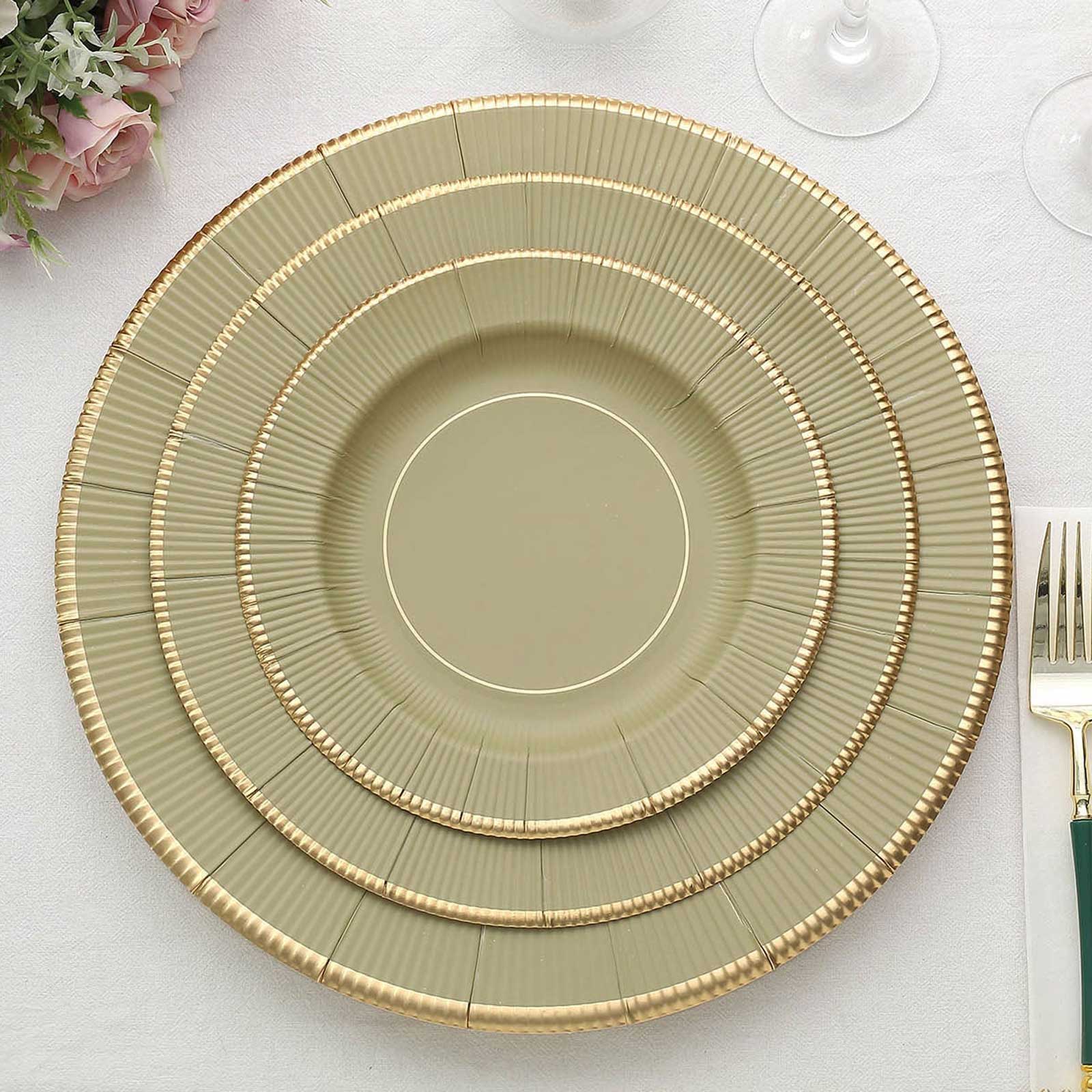 25-Pack Disposable 8-Inch Round Khaki Sunray Dessert Plates with Gold Rim - Heavy Duty 350GSM