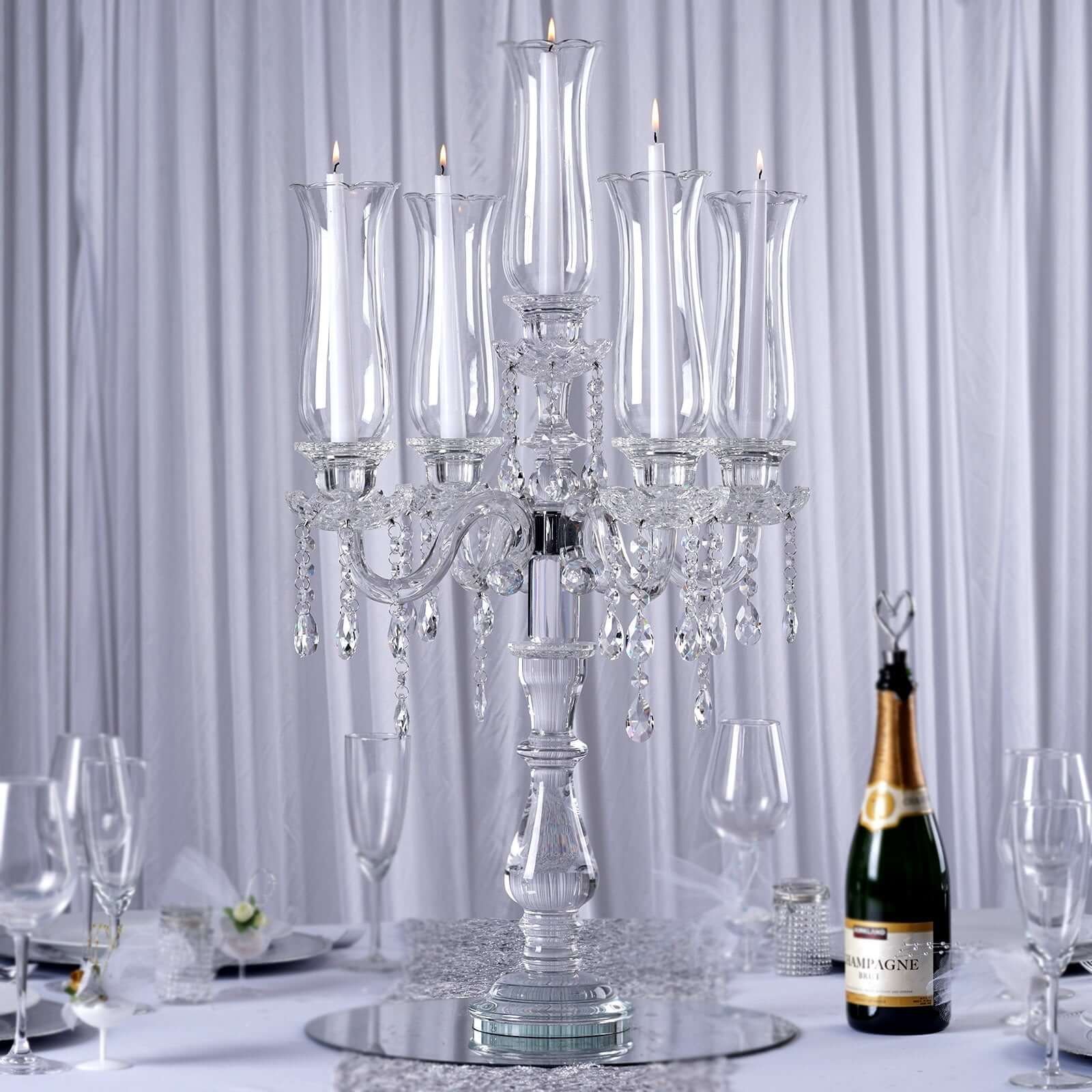 Hot Sale! 5 - Arm Crystal Glass Taper Candelabra, Stylish Table Centerpiece with Chandelier Chains, 32 Inches