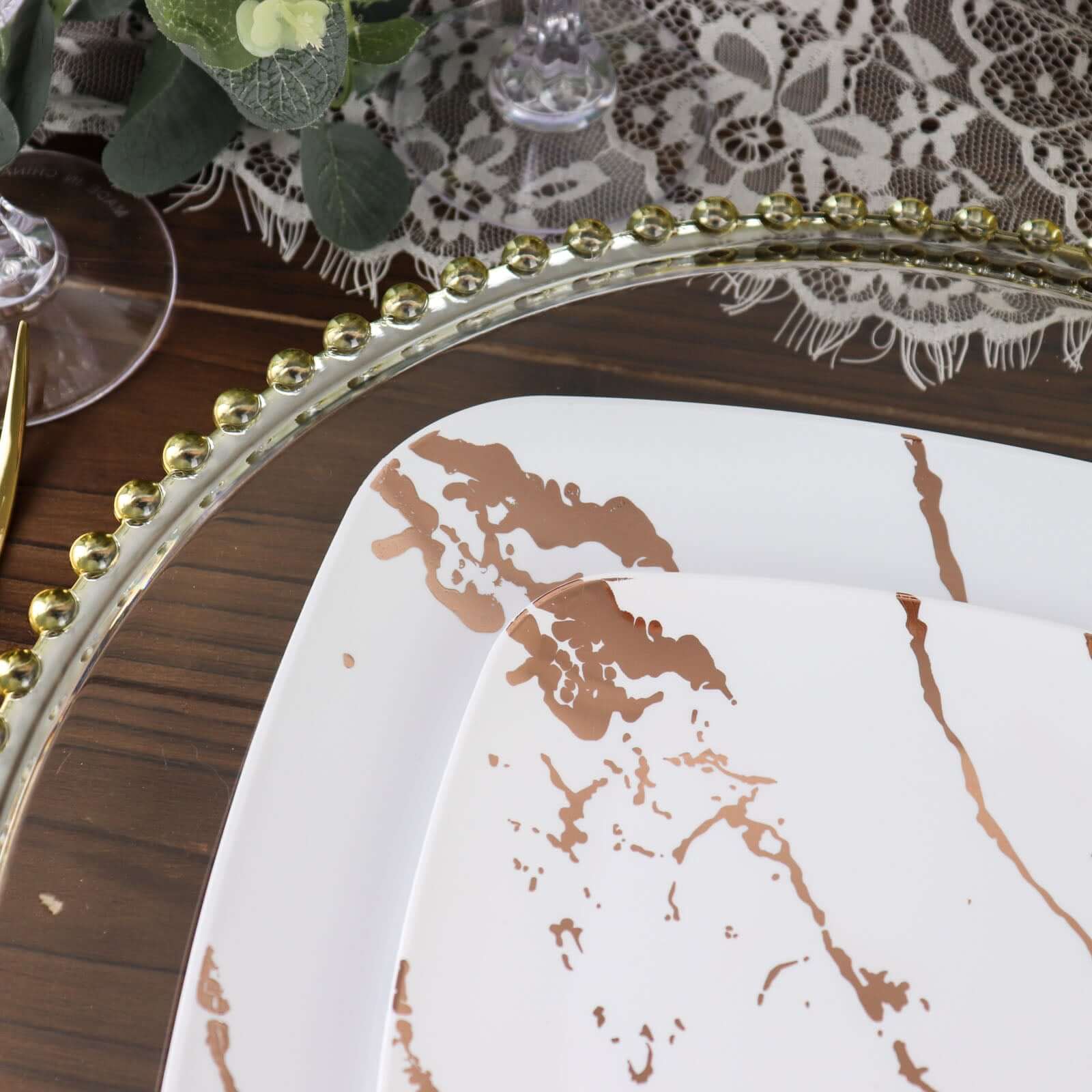 10-Pack Disposable White Plastic Dessert Plates with Rose Gold Marble Design - Ideal for Parties