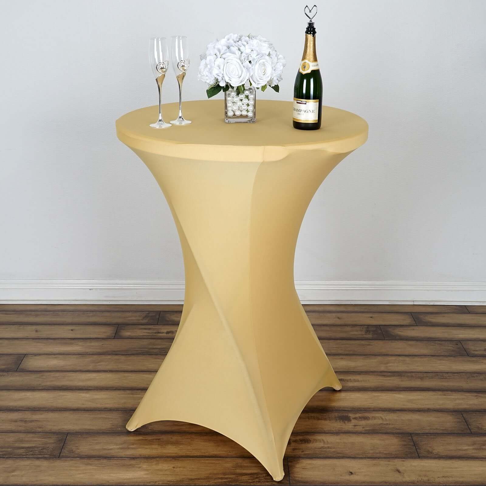 Champagne Stretch Spandex Fitted Cocktail Table Cover for 24 - 32 Inch Tables