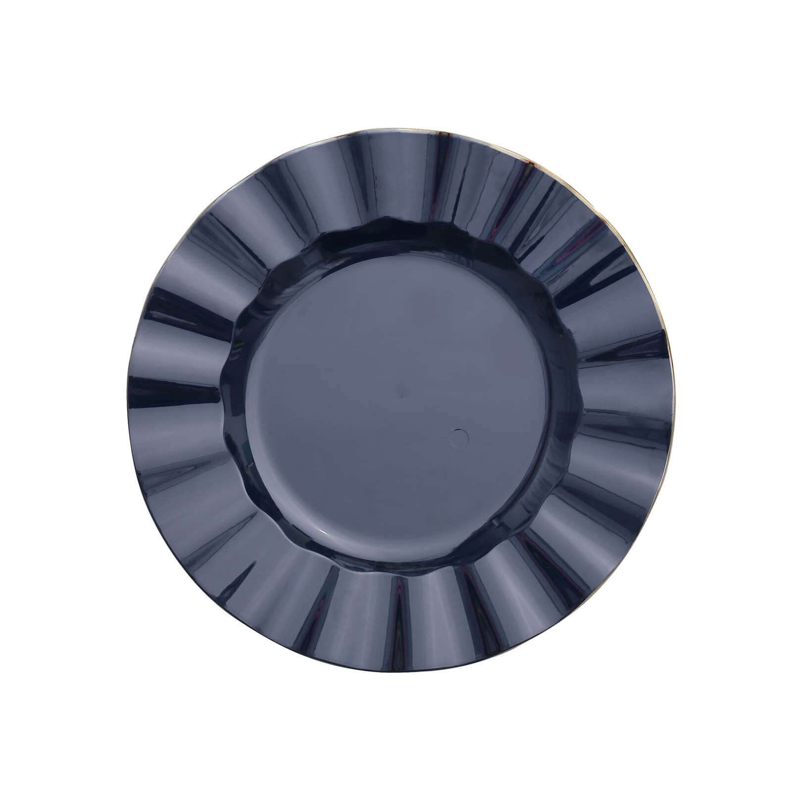 10-Piece Set of Navy Blue Plastic Round Dinner Plates with Gold Edged Ruffled Rim - Sturdy Disposable Dinnerware