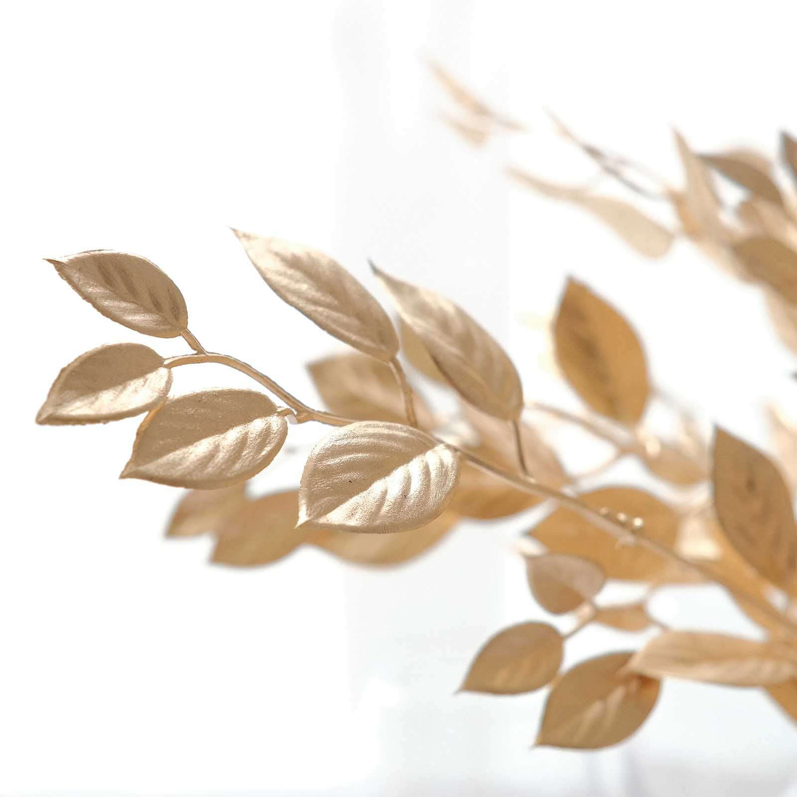 4-Piece Metallic Gold Artificial Italian Ruscus Leaf Branches for Stunning Tablescapes and Floral Decor