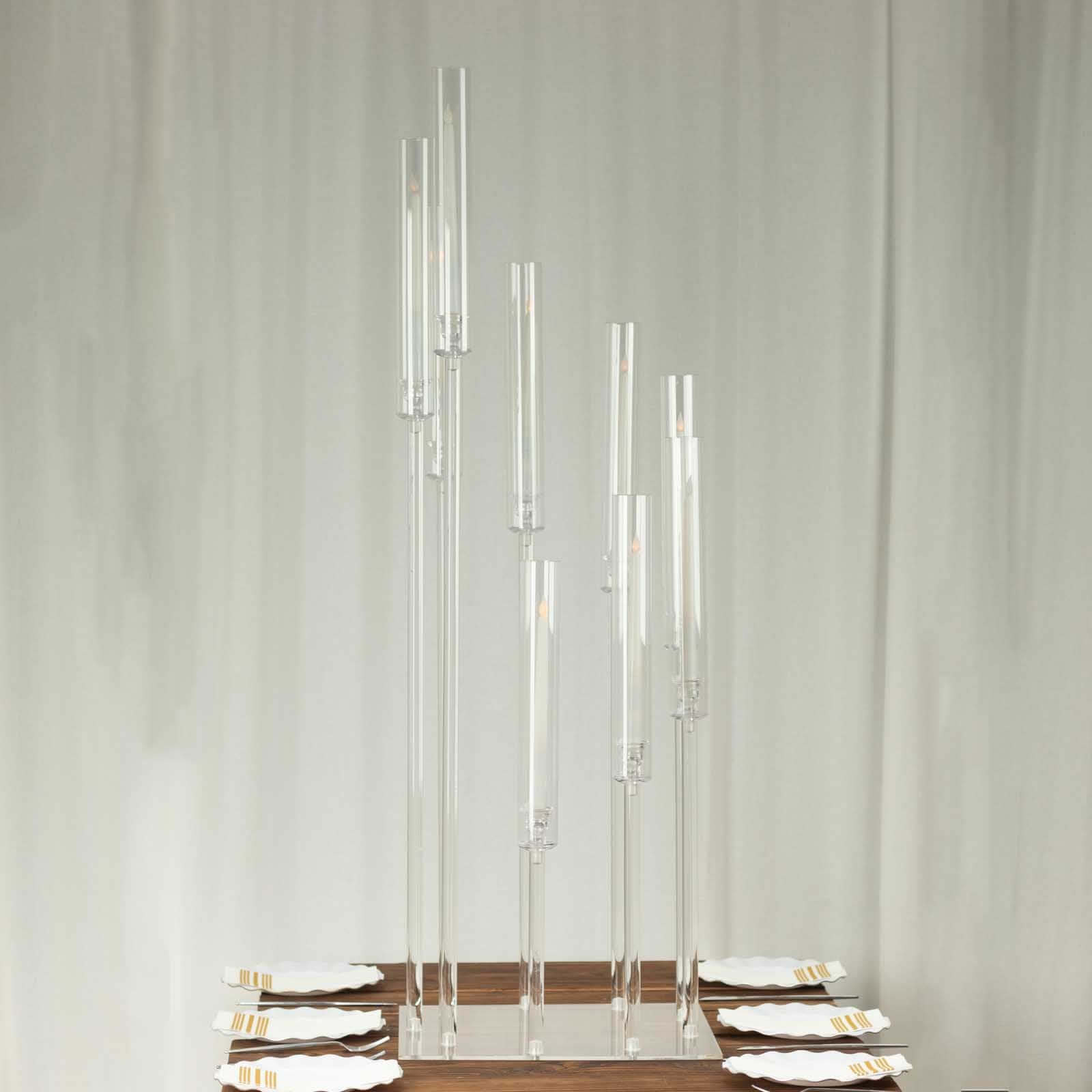 4ft Clear 9-Arm Cluster Acrylic Candelabra with Square Base - Elegant Table Centerpiece for Pillar Candles