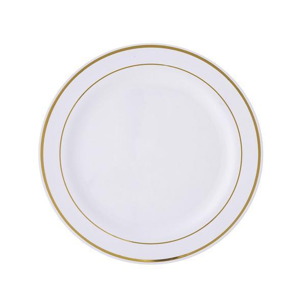 10-Piece Set of Disposable White Plastic Dessert Plates with Stylish Gold Rim, 6 Inches