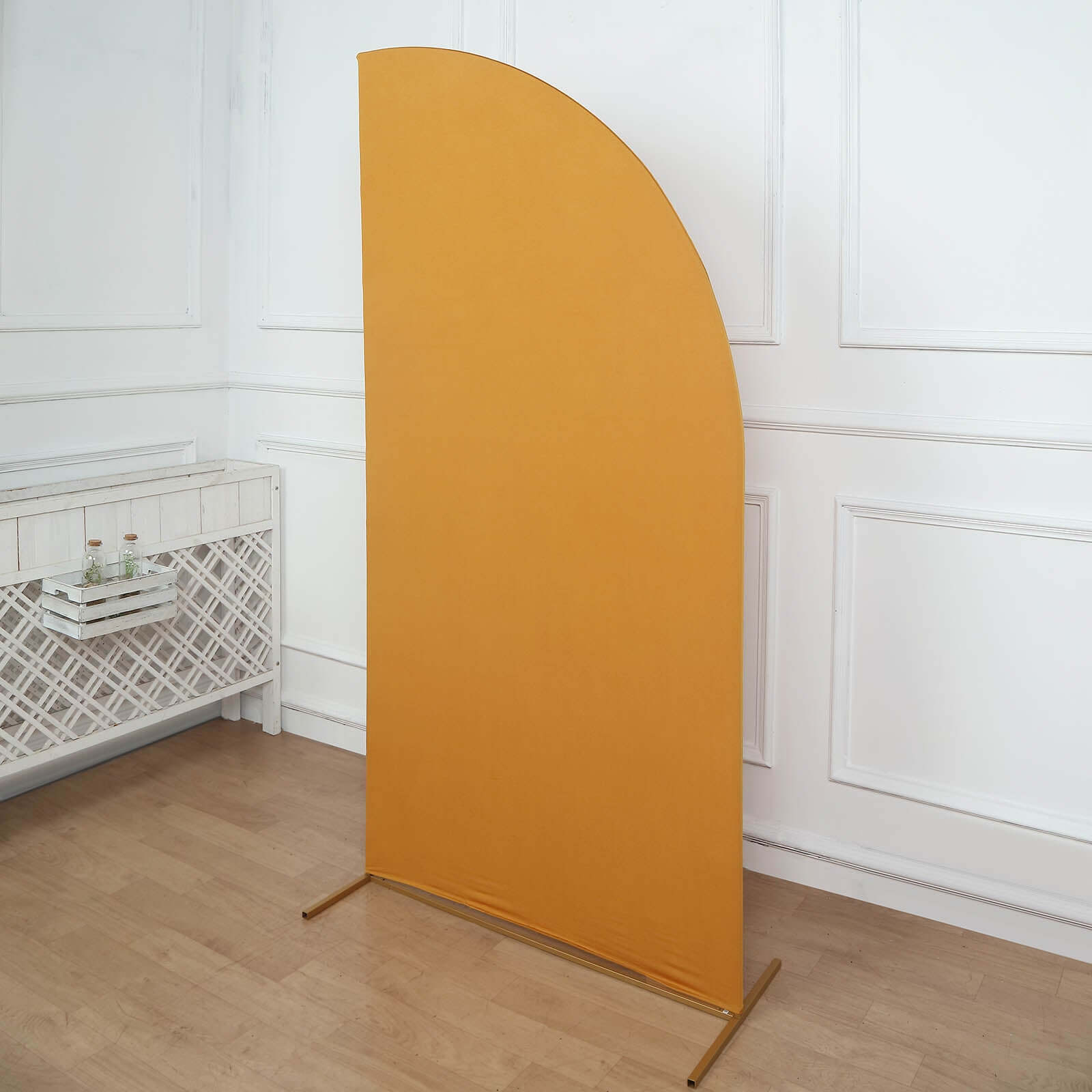 Exclusive Custom-Fitted 7ft Matte Gold Spandex Half Moon Chiara Wedding Arch Backdrop Cover