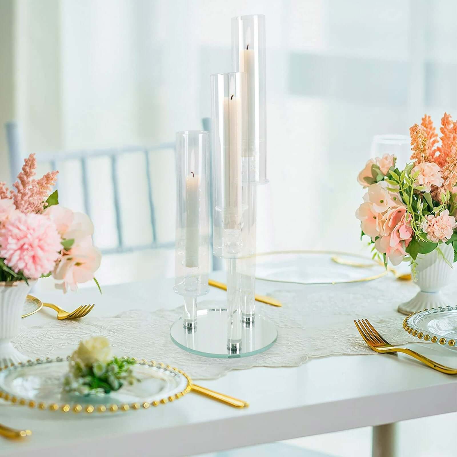 3-Arm Round Crystal Glass Candelabra - Ideal Centerpiece for Weddings and Events