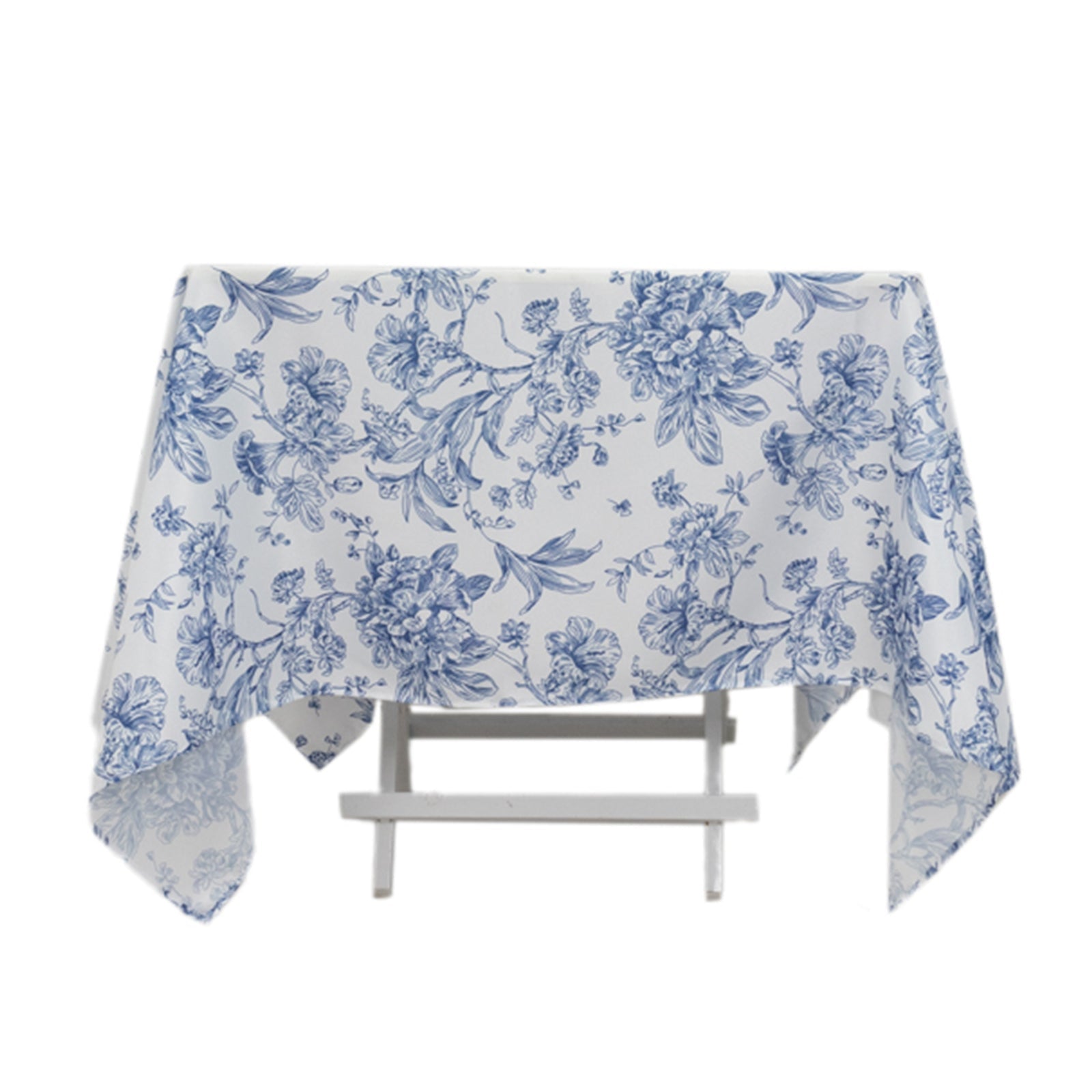 Get This Elegant 70x70 Polyester Square Tablecloth in White - Blue French Toile Pattern for Fancy Settings