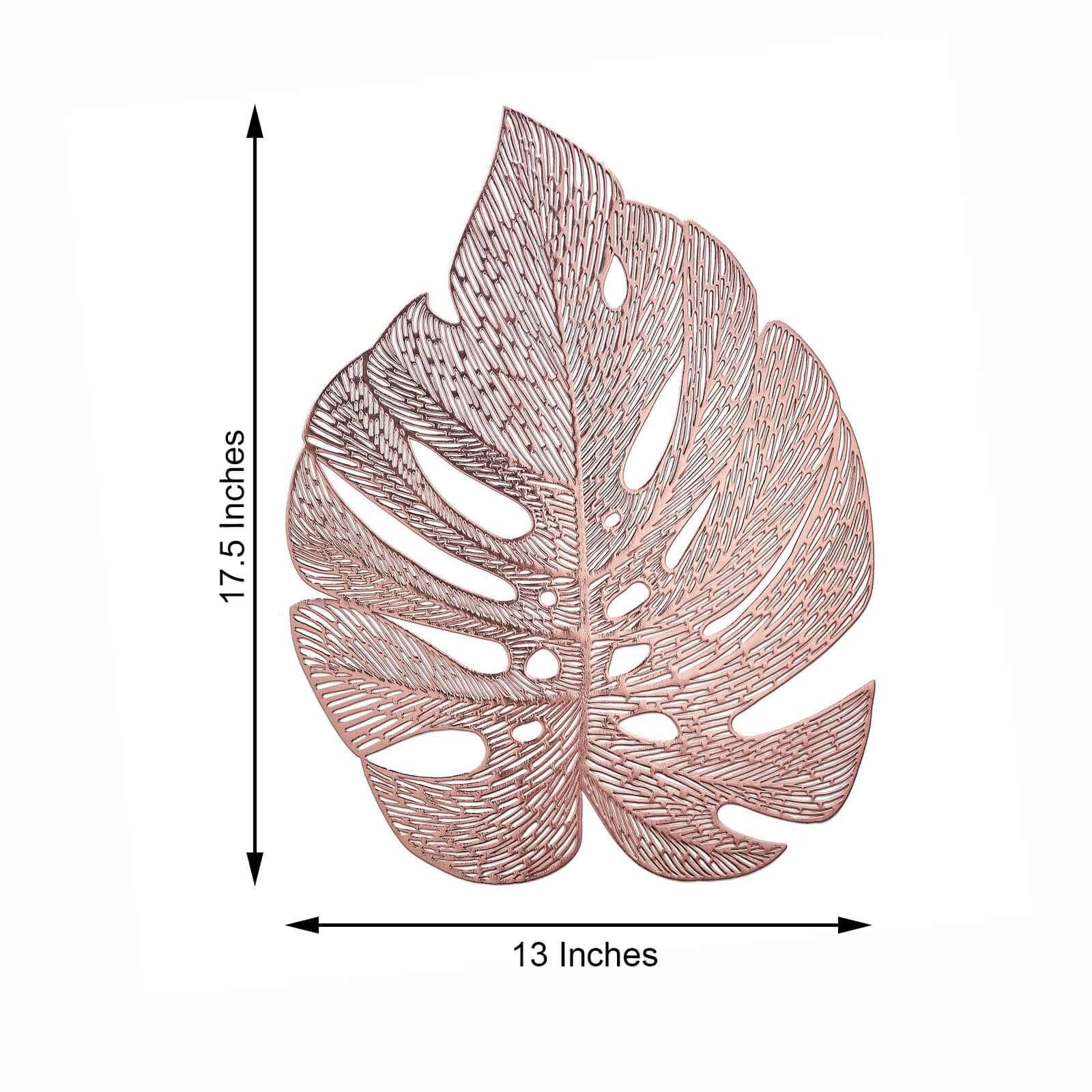6-Piece Rose Gold Monstera Leaf Design Vinyl Dining Table Mats - Non-Slip for Tropical Decor