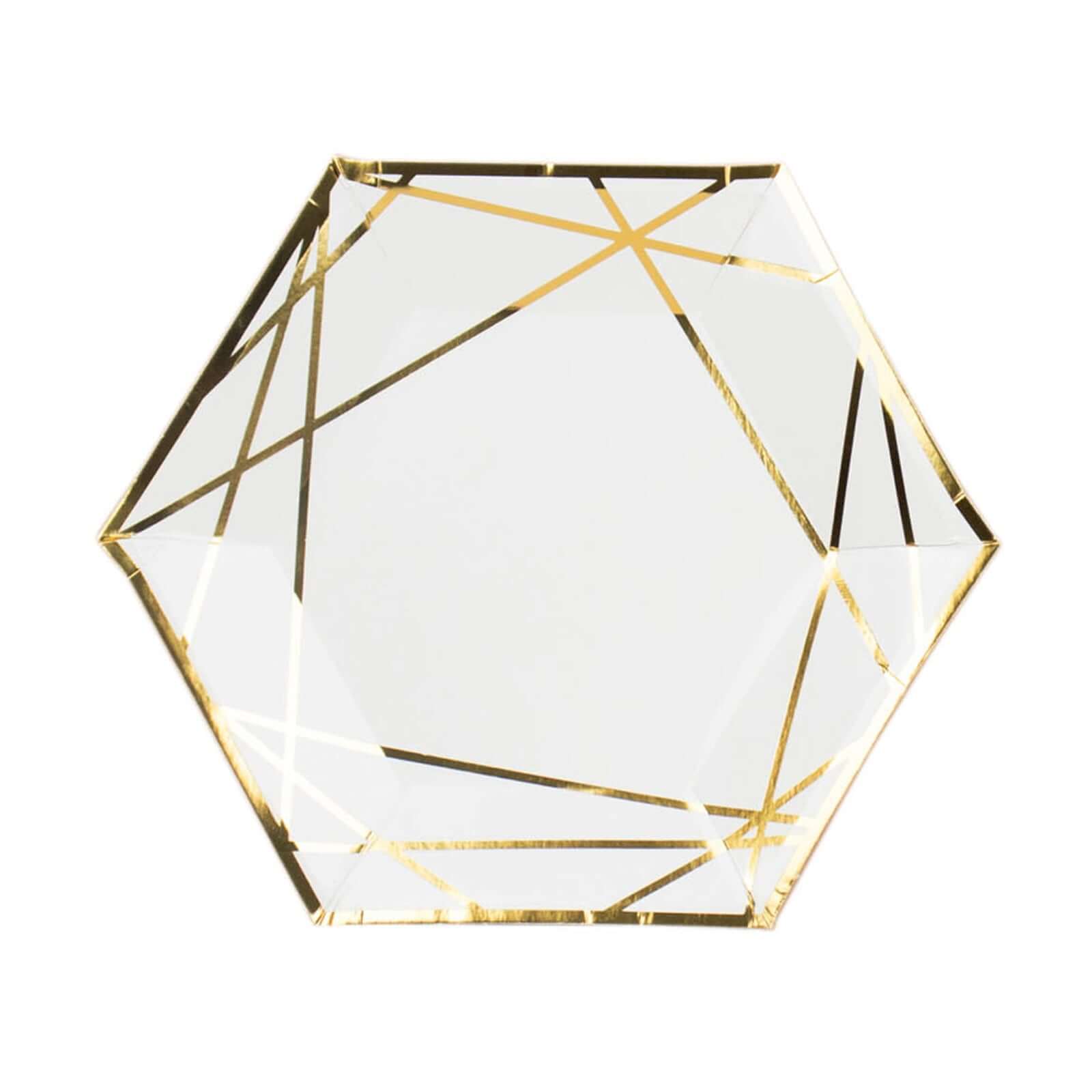 25-Pack White & Gold Geometric Hexagon Disposable Paper Appetizer and Salad Plates for Events