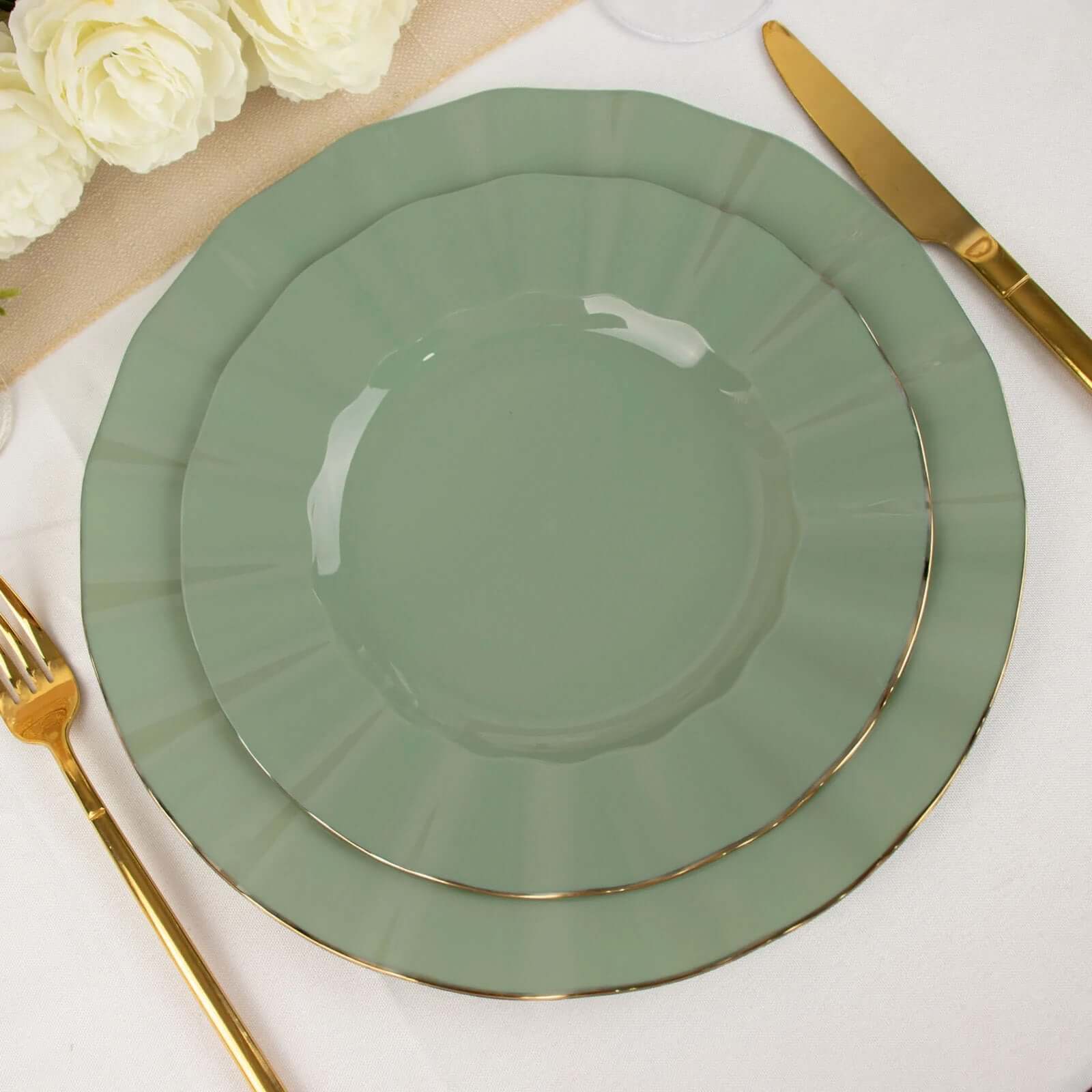 10-Piece Set of Sturdy Disposable 9-Inch Round Dinner Plates in Dusty Sage Green with Gold-Rimmed Ruffle
