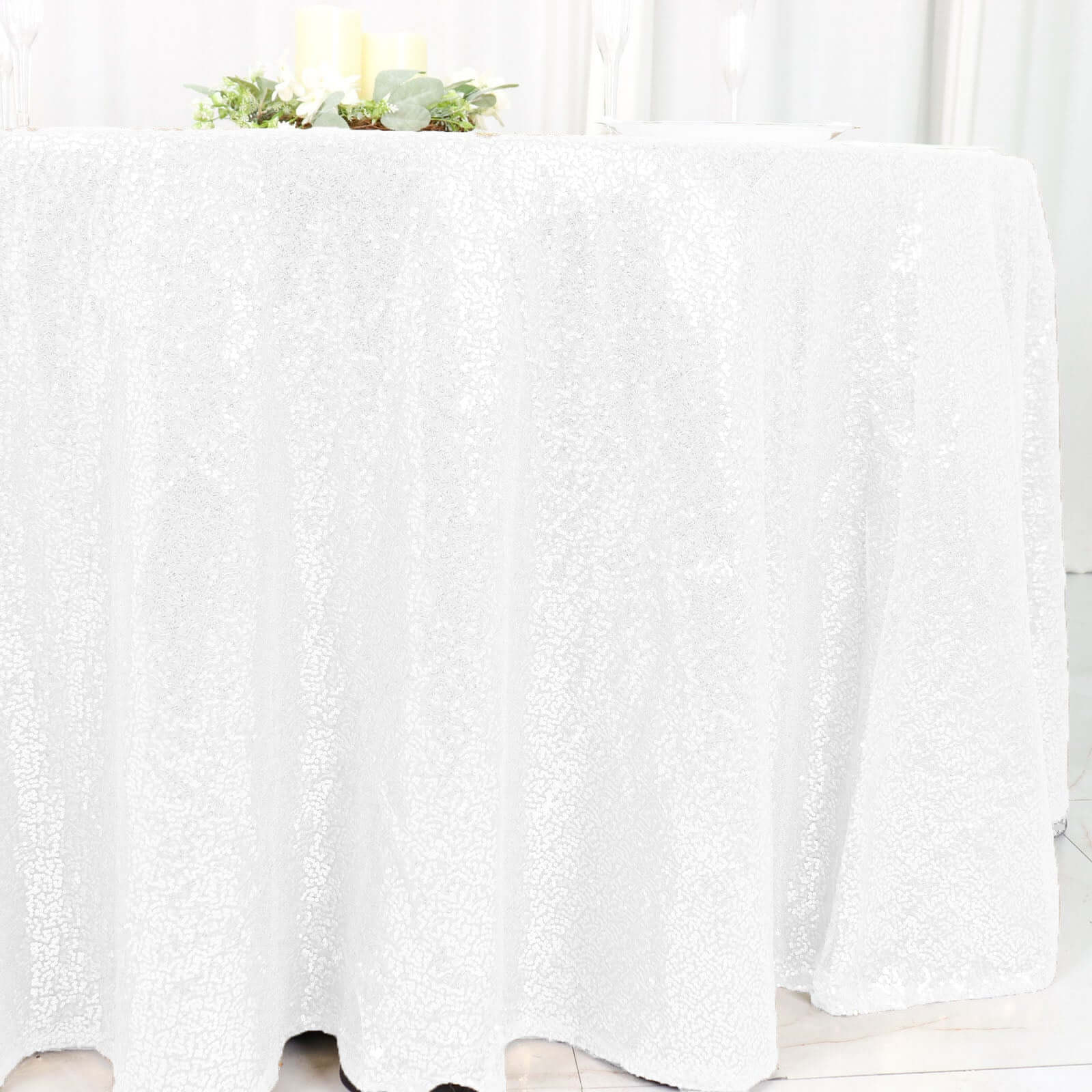 White Seamless Glittering 120 Round Sequin Tablecloth for Elegant Events