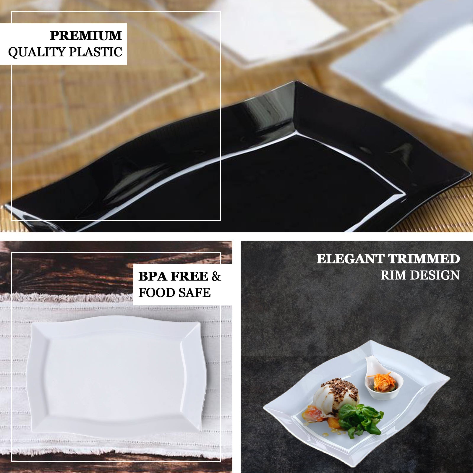 Hot! 10-Pack 12" Glossy Black Plastic Disposable Rectangular Serving Plates with Wave Trimmed Rim