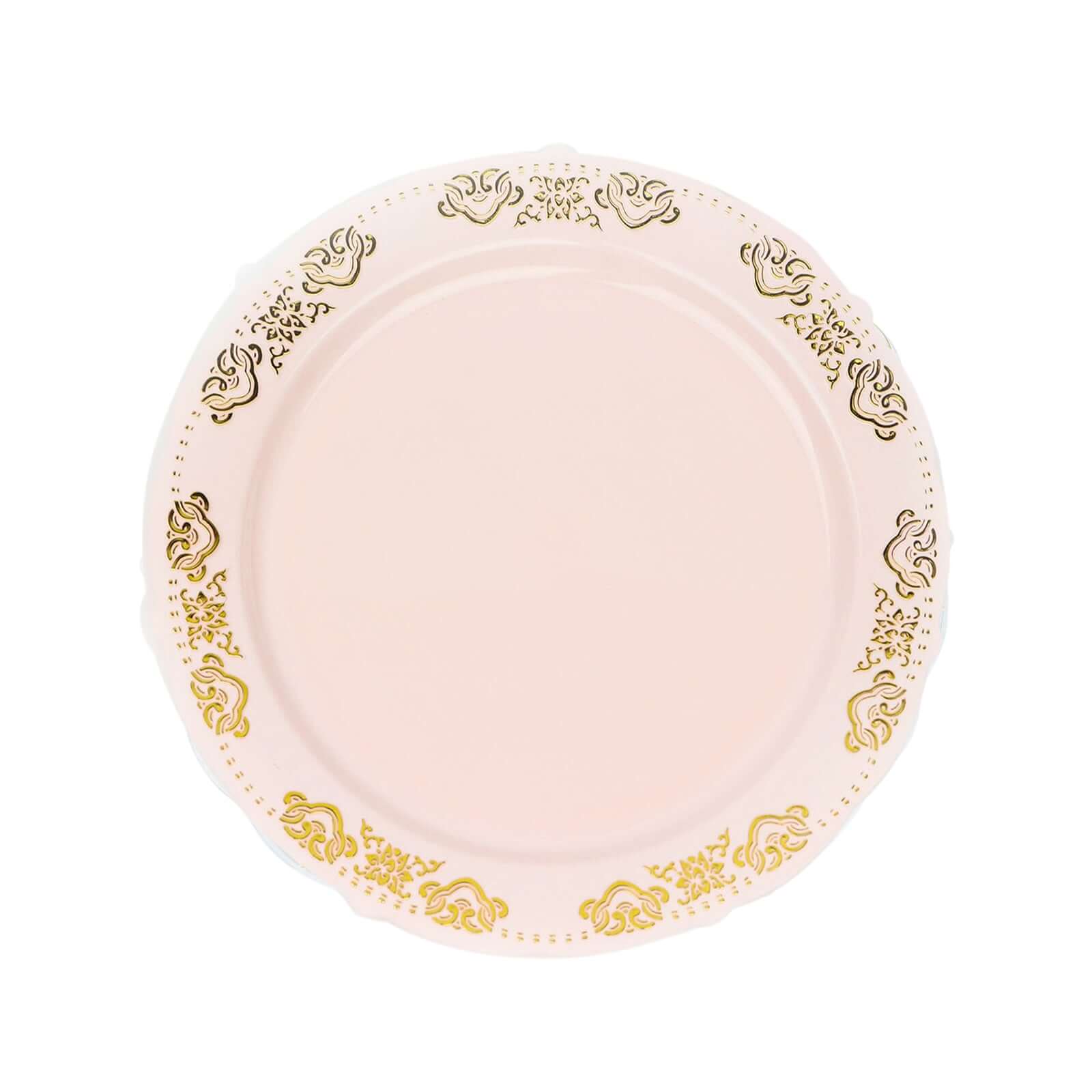 Hot Deal! 10-Pack Disposable Blush Plastic Round Appetizer Plates with Gold Embossed Scalloped Edge for Special Events
