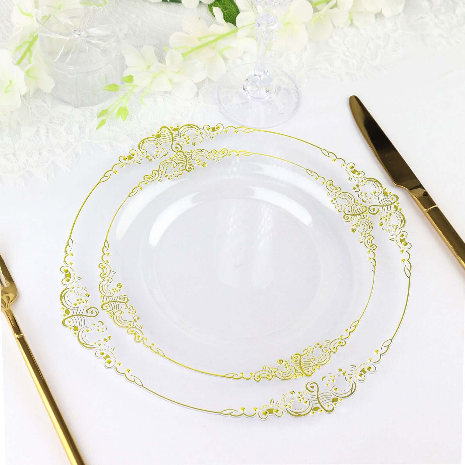 Hot Deal! 10-Pack Disposable Round Plastic Dinner Plates with Gold Leaf Embossed Rim in Vintage Baroque Style