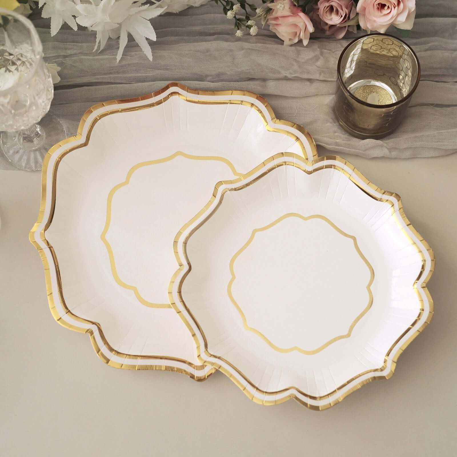 25-Piece Set of White Paper Dinner Plates with Gold Scalloped Edges - 300GSM Disposable Plates for Elegant Parties 10