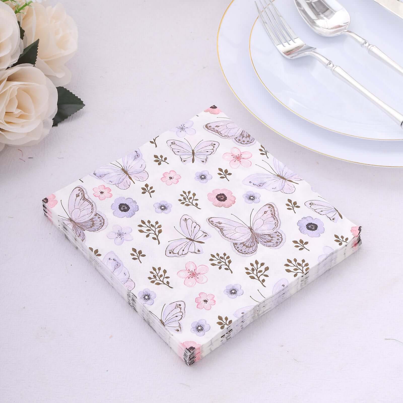 20-Pack 2-Ply Soft 18GSM Ivory Paper Beverage Napkins with Lavender Butterfly Floral Design for Garden Weddings