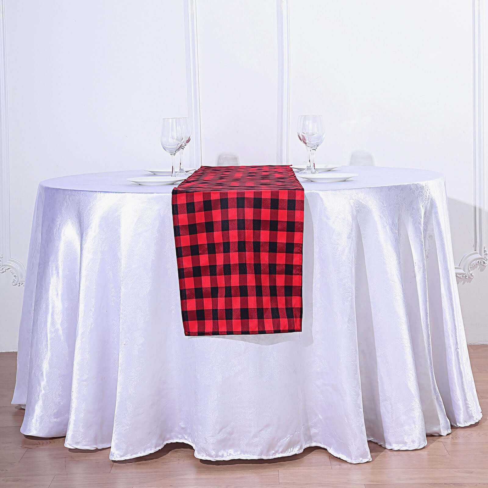 Hot Sale! 14x108 Black and Red Checkered Polyester Outdoor Table Runner with Buffalo Plaid Pattern