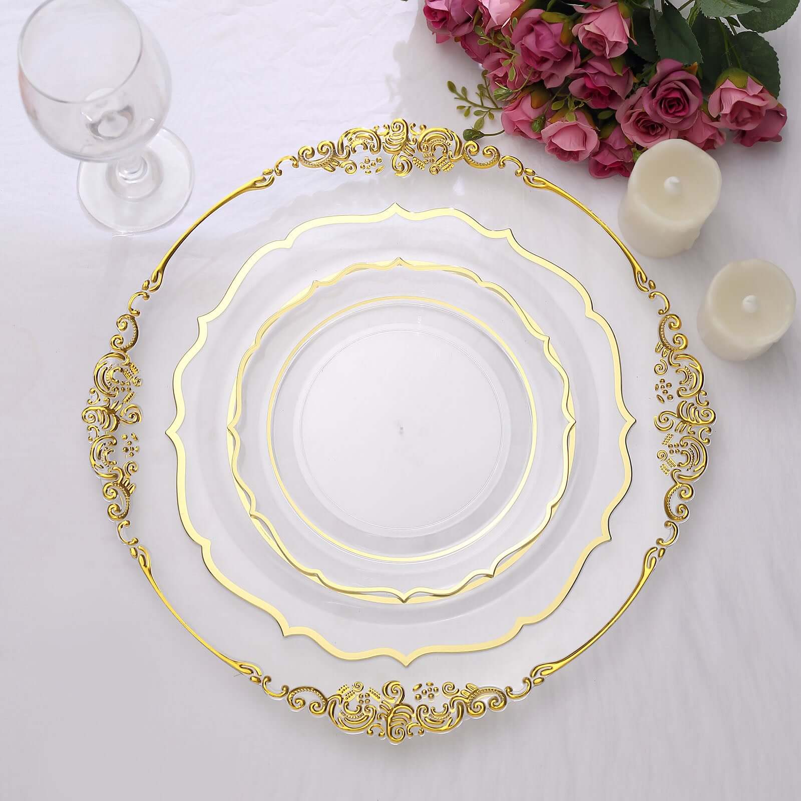 10-Piece Set of Clear Plastic 8-Inch Round Desert Plates with Gold Scalloped Rims - Disposable Appetizer/Salad Plates