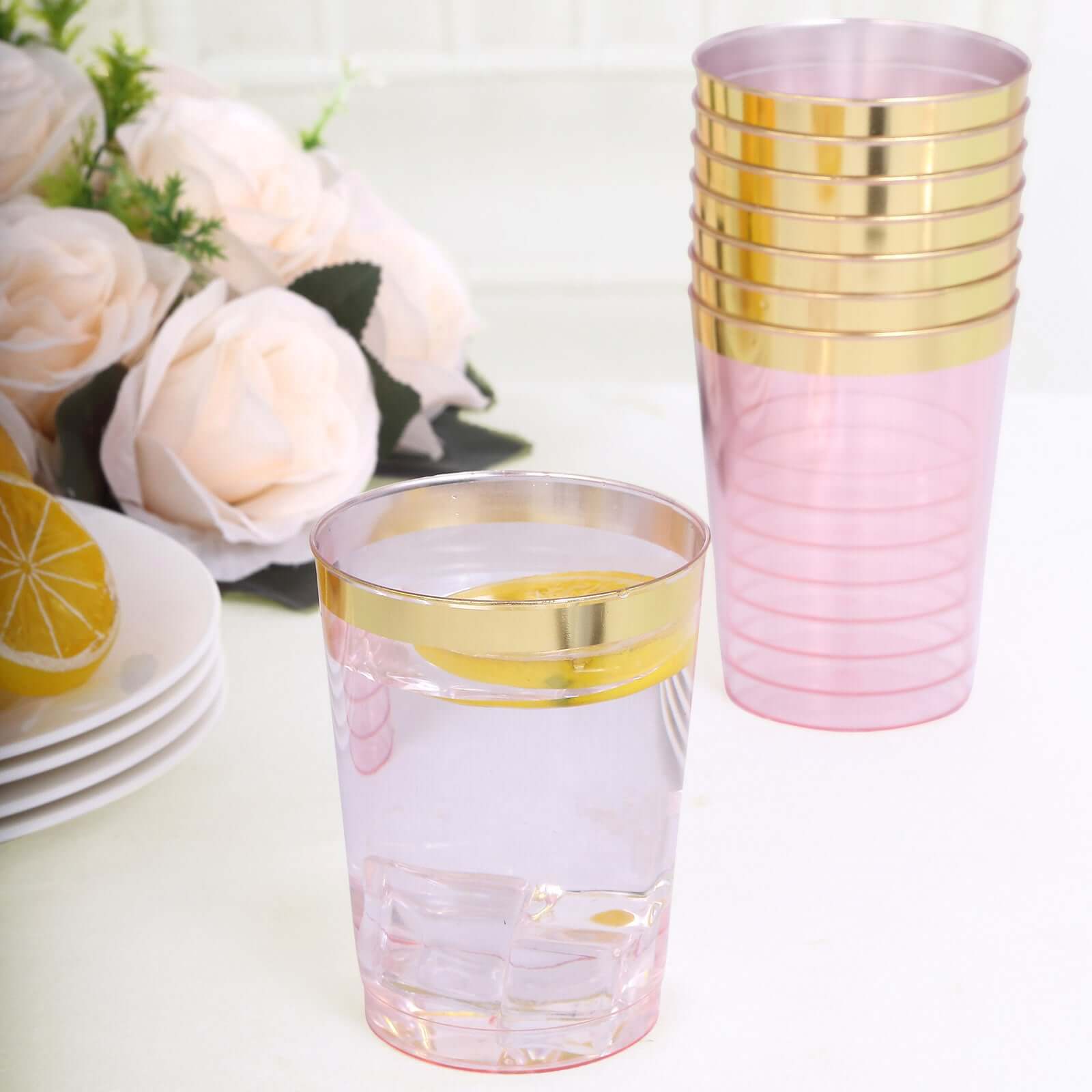 25-Pack 10oz Disposable Plastic Tumbler Cups in Transparent Blush with Stylish Gold Rim