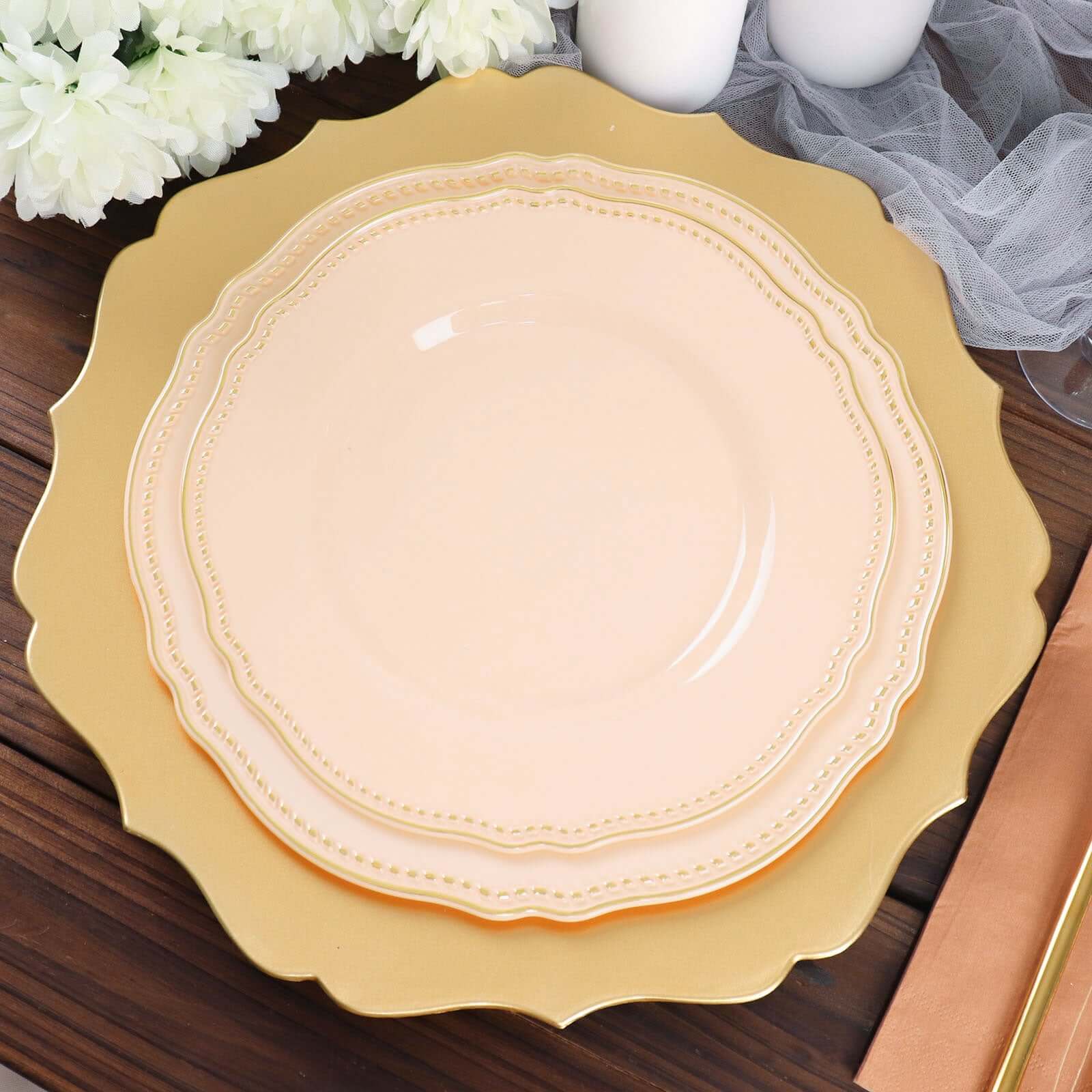 Hot Deal! 10-Pack Disposable Nude Plastic Dinner Plates with Gold Scalloped Rim, 9 Inches