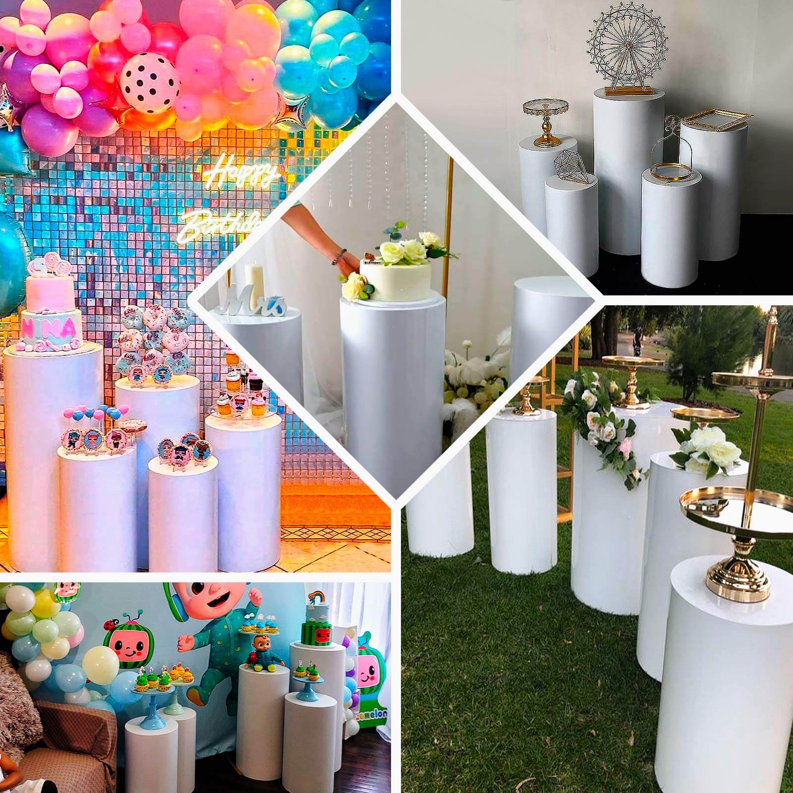 Special Offer! Set of 5 White Metal Round Cylinder Pillar Prop Stands for Wedding Aisle Display