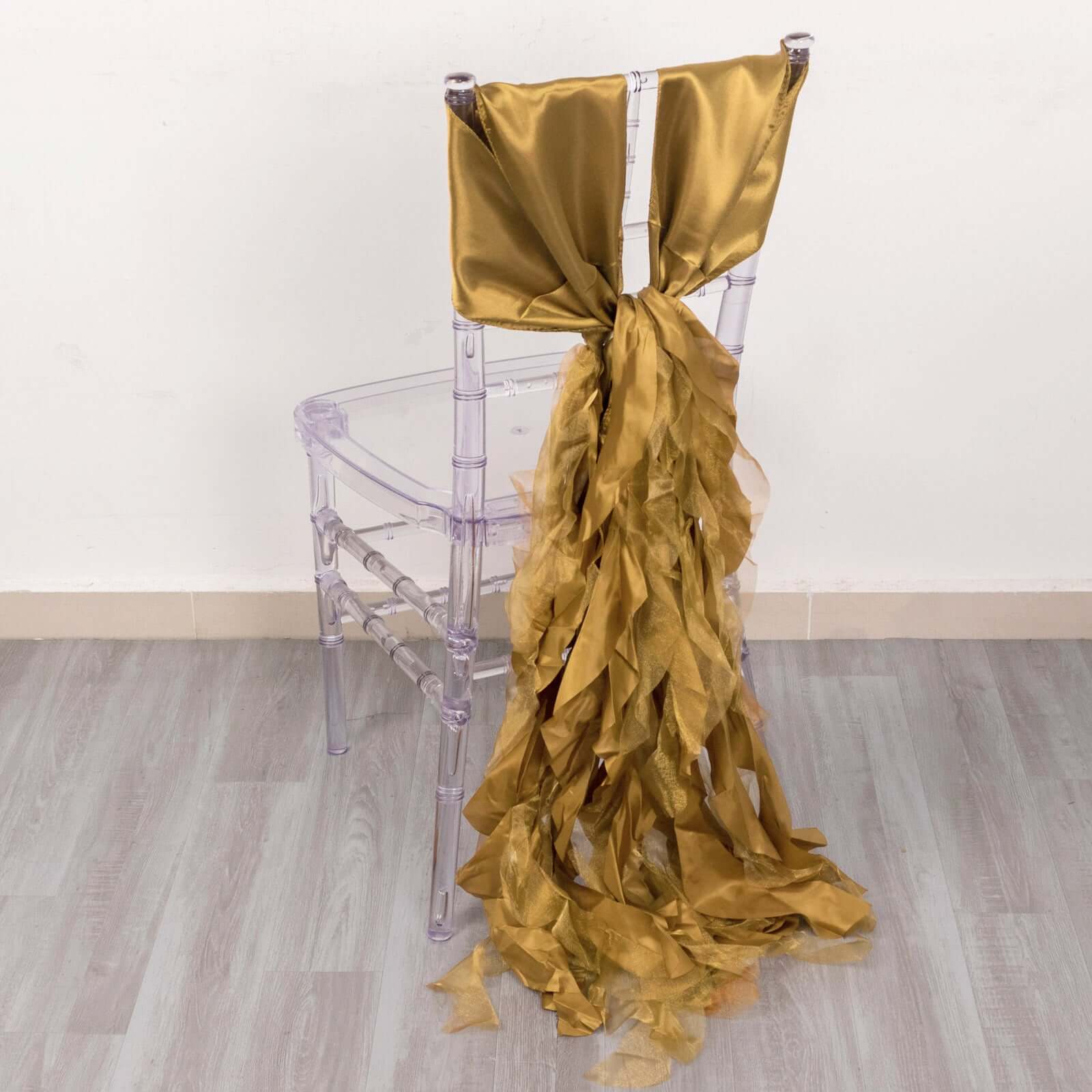 5-Pack Gold Chiffon Satin Curly Willow Chair Sashes - Easy Install, Ideal for Weddings