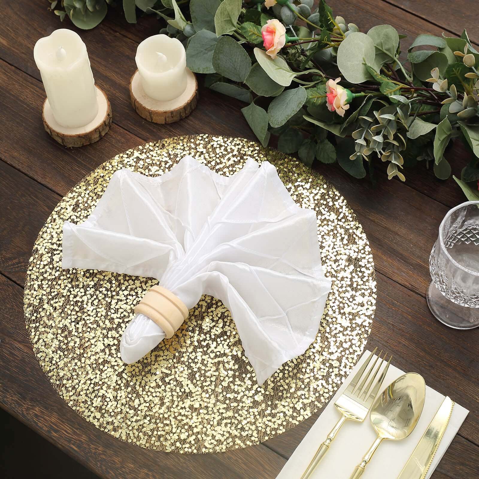 10-Piece Set of Disposable, Dust-Free Metallic Gold Sequin Round Table Placemats, 13 Inches