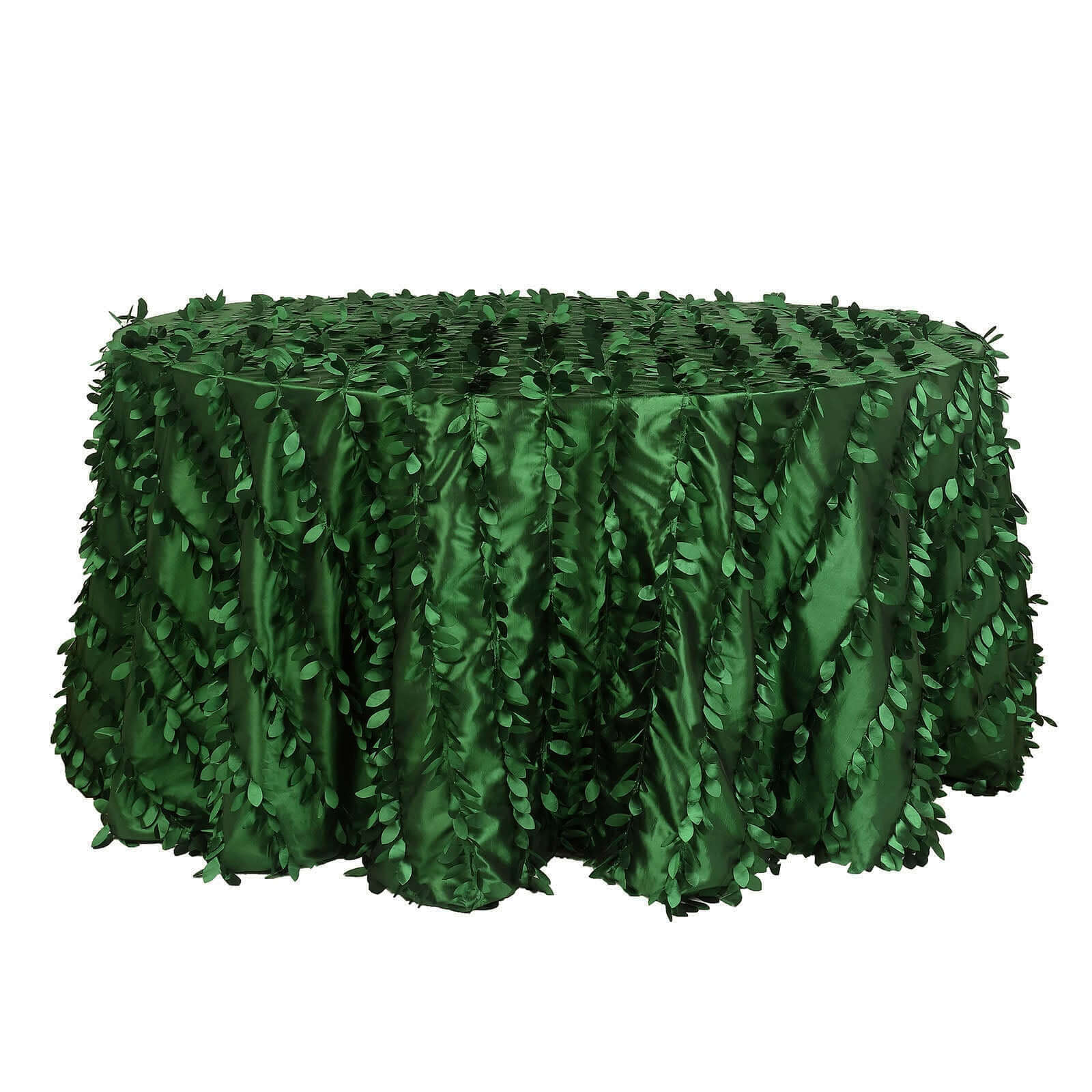 Green 132' Taffeta Round Tablecloth with 3D Leaf Petal Design - Perfect for Events!