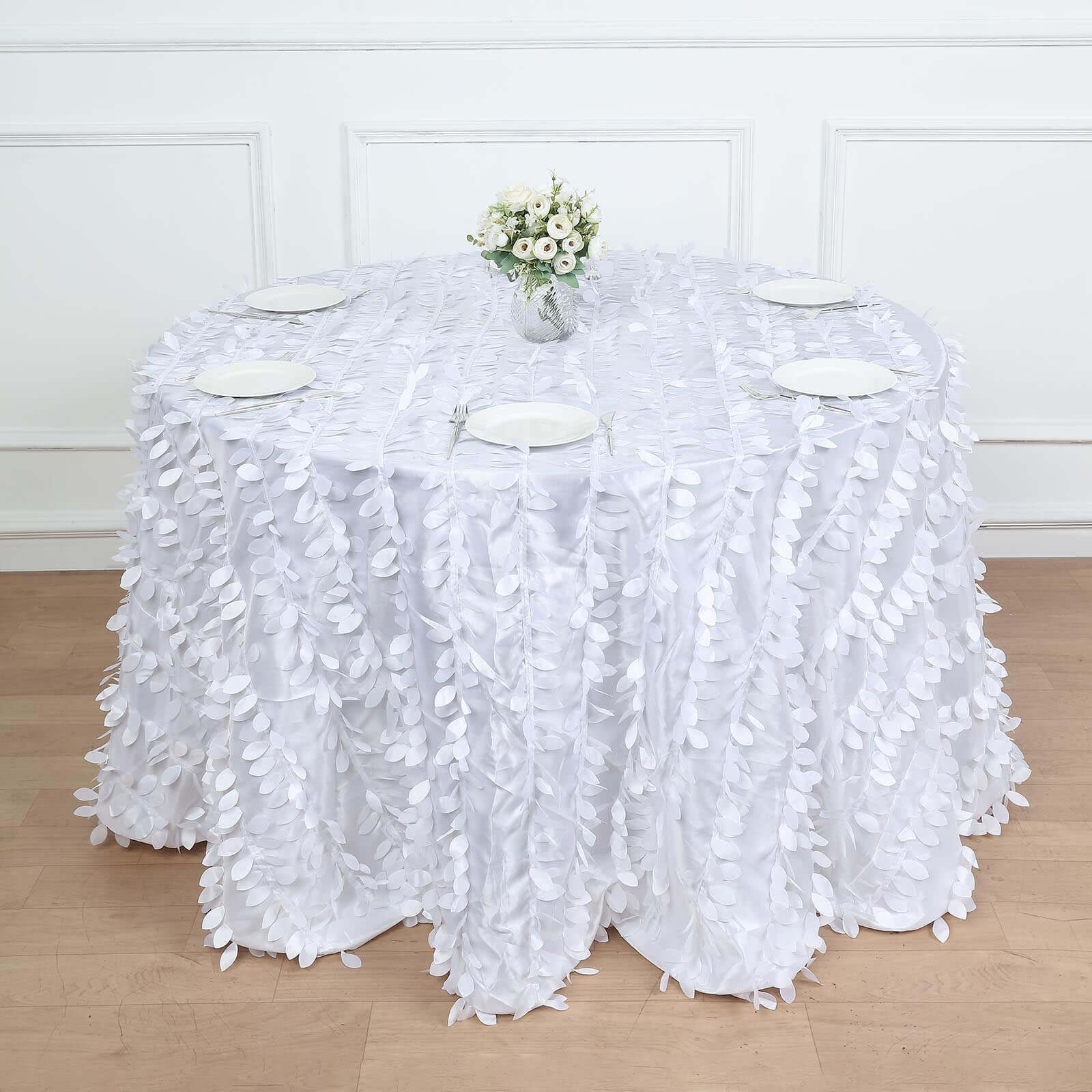 Premium White Taffeta 120 Round Tablecloth with 3D Leaf Petal Design for Weddings & Events