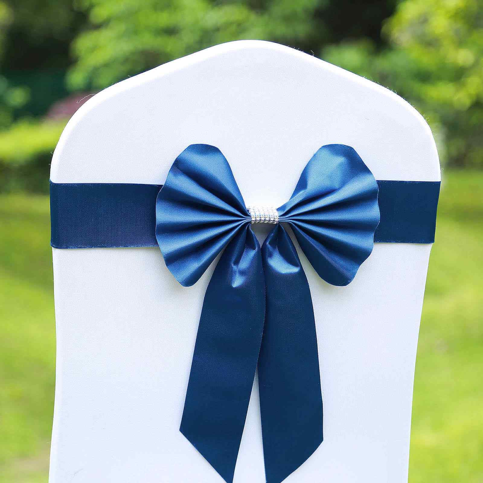 Hot Deal! 5-Pack Royal Blue Satin Faux Leather Chair Sashes with Diamond Rhinestone Buckles