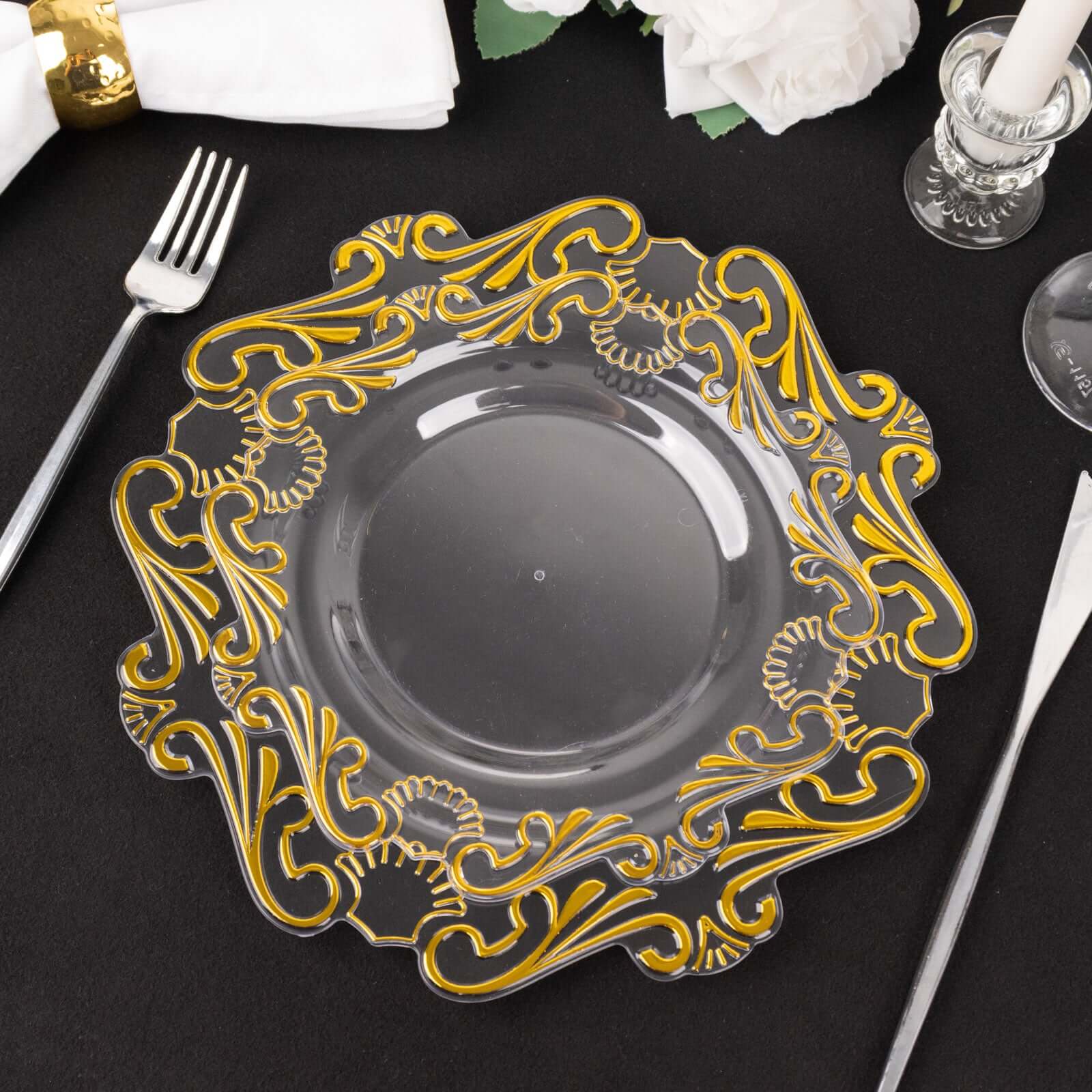 10-Pack Clear Plastic Round Dinner Plates with Gold Vintage Baroque Scalloped Rim - Ideal for Parties