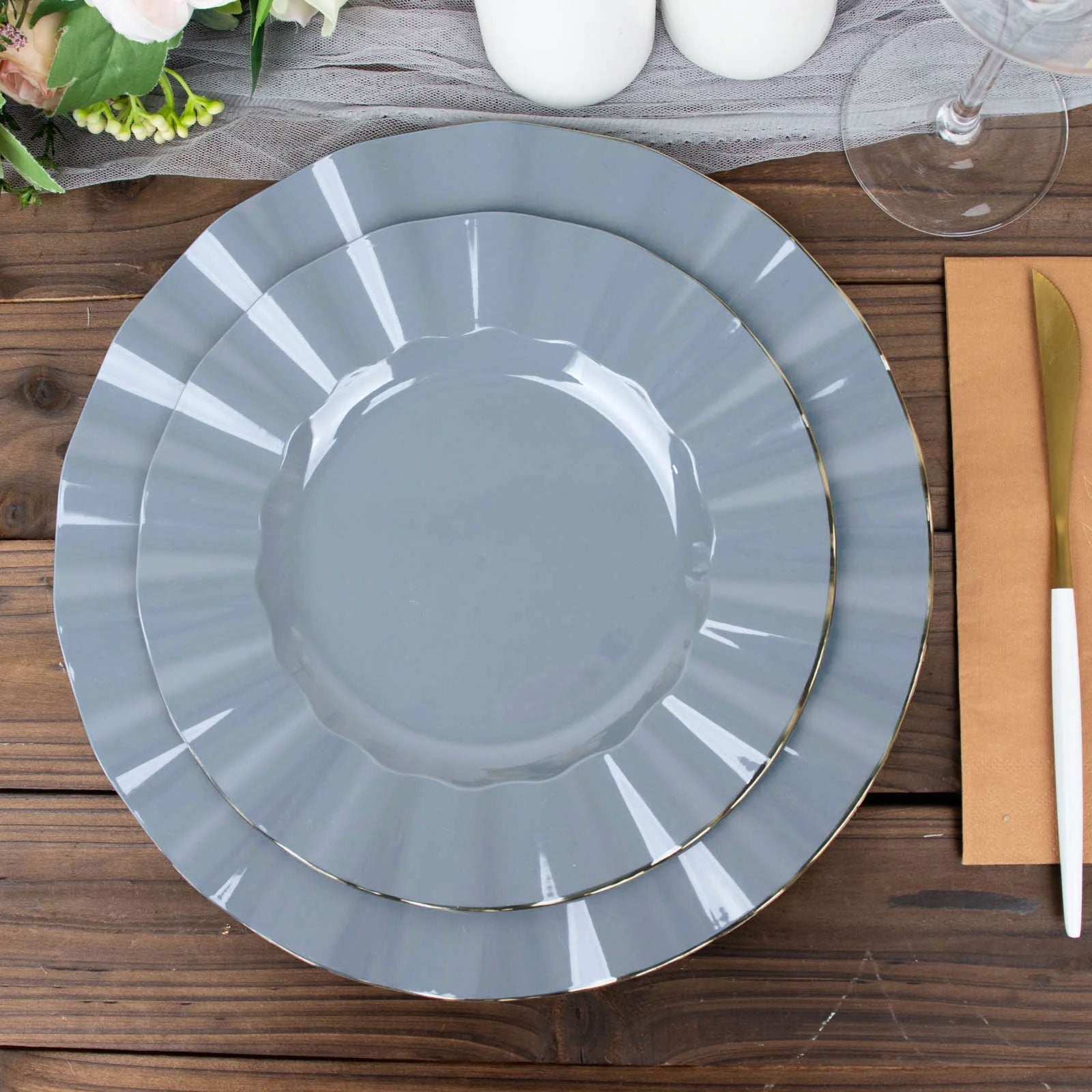 10-Piece Set of Sturdy Disposable 9-Inch Round Dusty Blue Dinner Plates with Gold Ruffled Edging