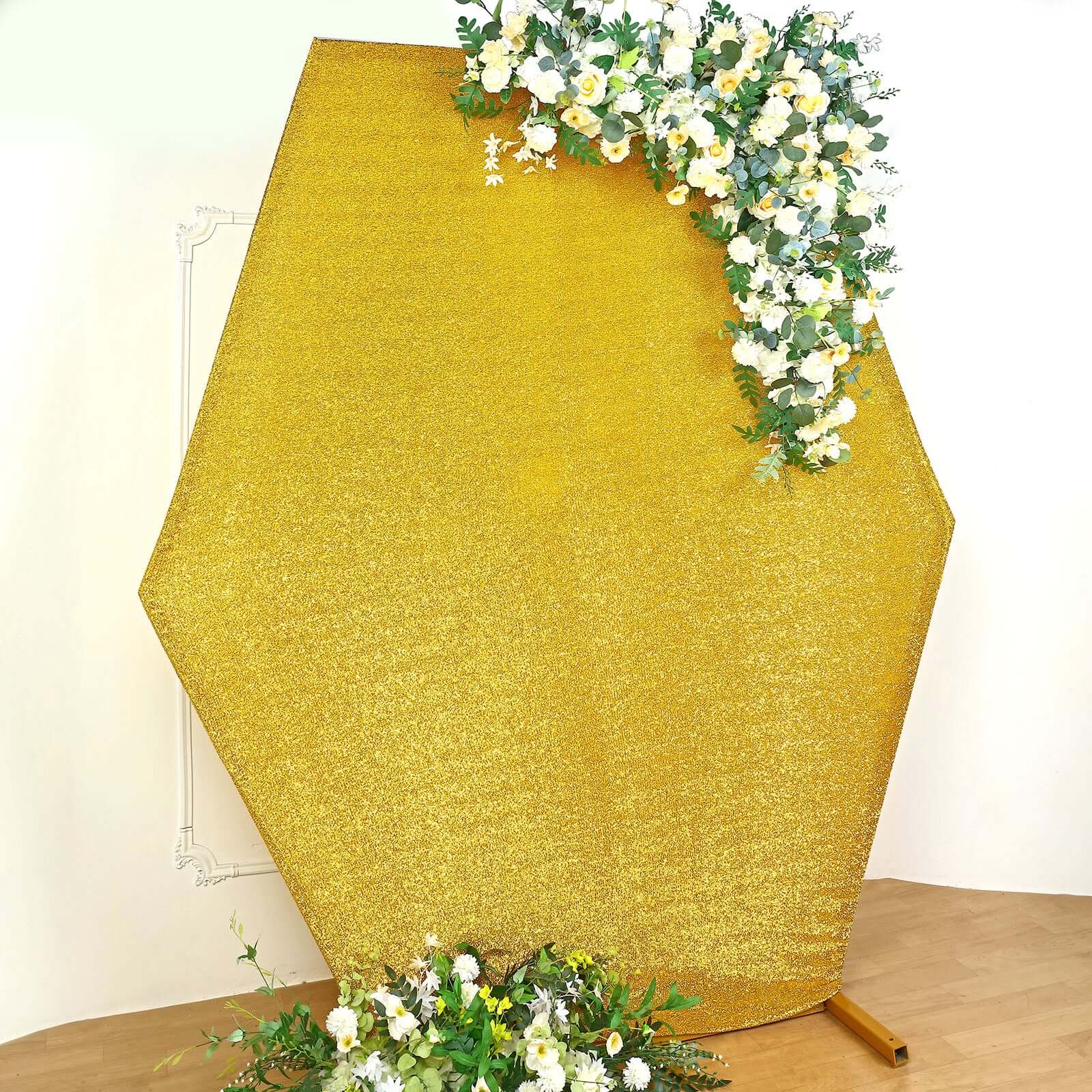 7ft x 8ft Double-Sided Gold Metallic Shimmer Tinsel Spandex Hexagon Wedding Arbor Backdrop