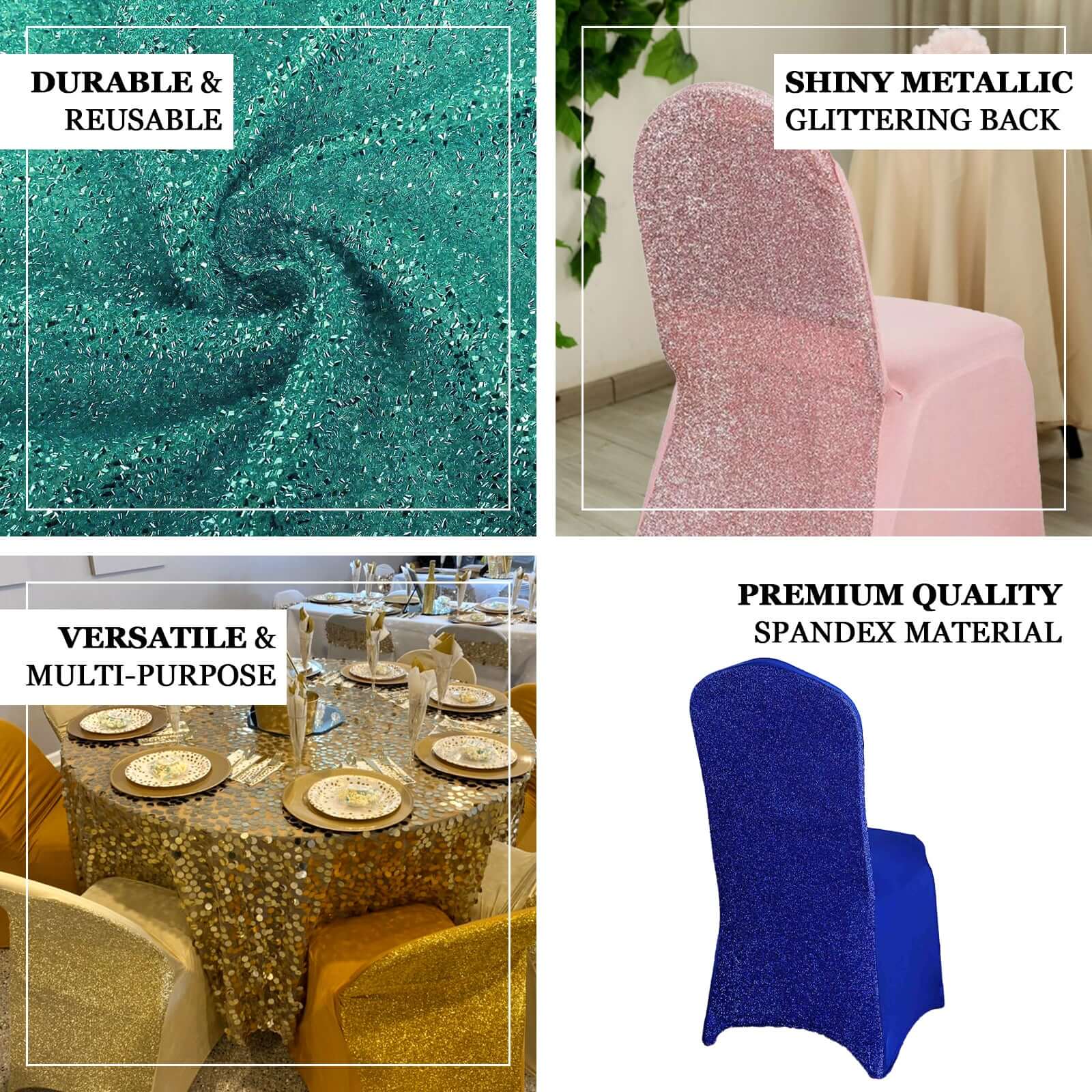 Luxe Gold Spandex Chair Cover with Metallic Shimmer Tinsel Back for Weddings & Parties